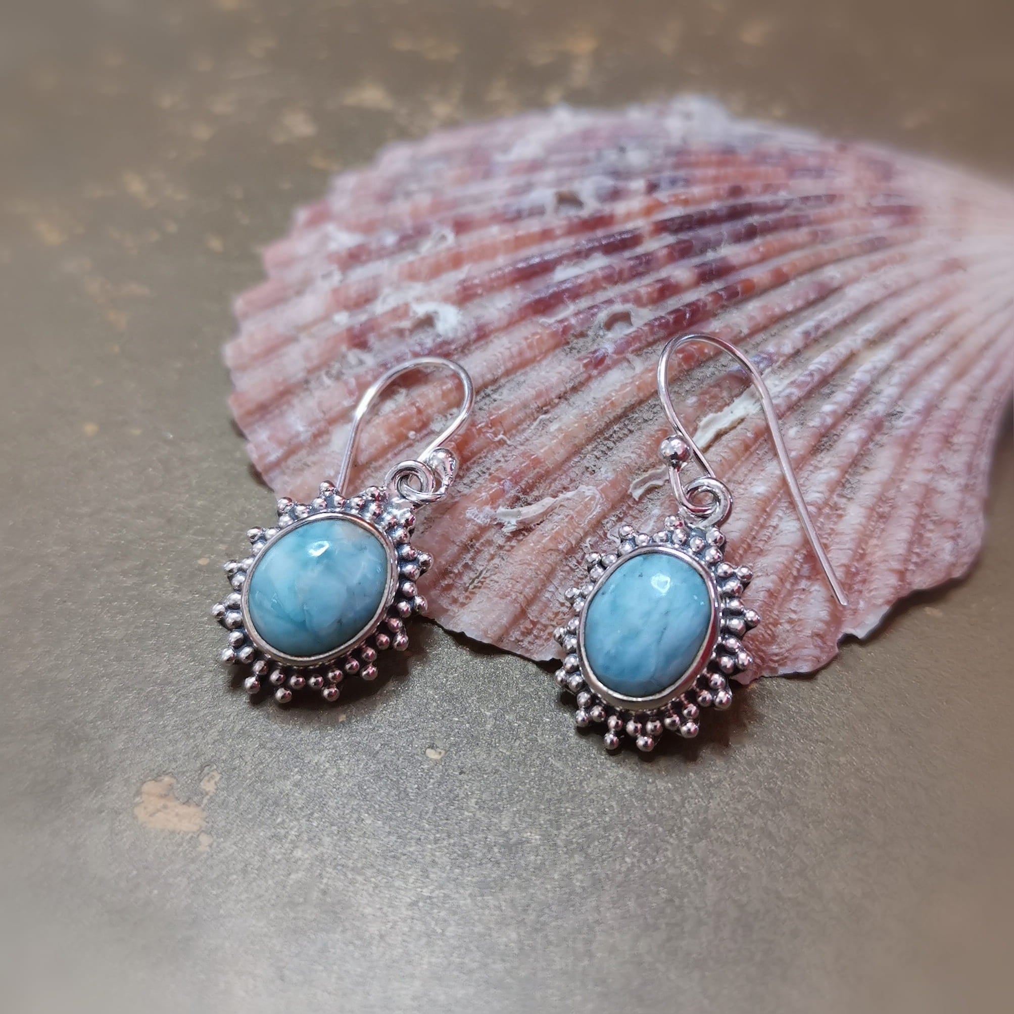 Larimar Karibik Edelstein Sterlingsilber Boho Ohrringe – geweiht für Leichtigkeit & Freiheit