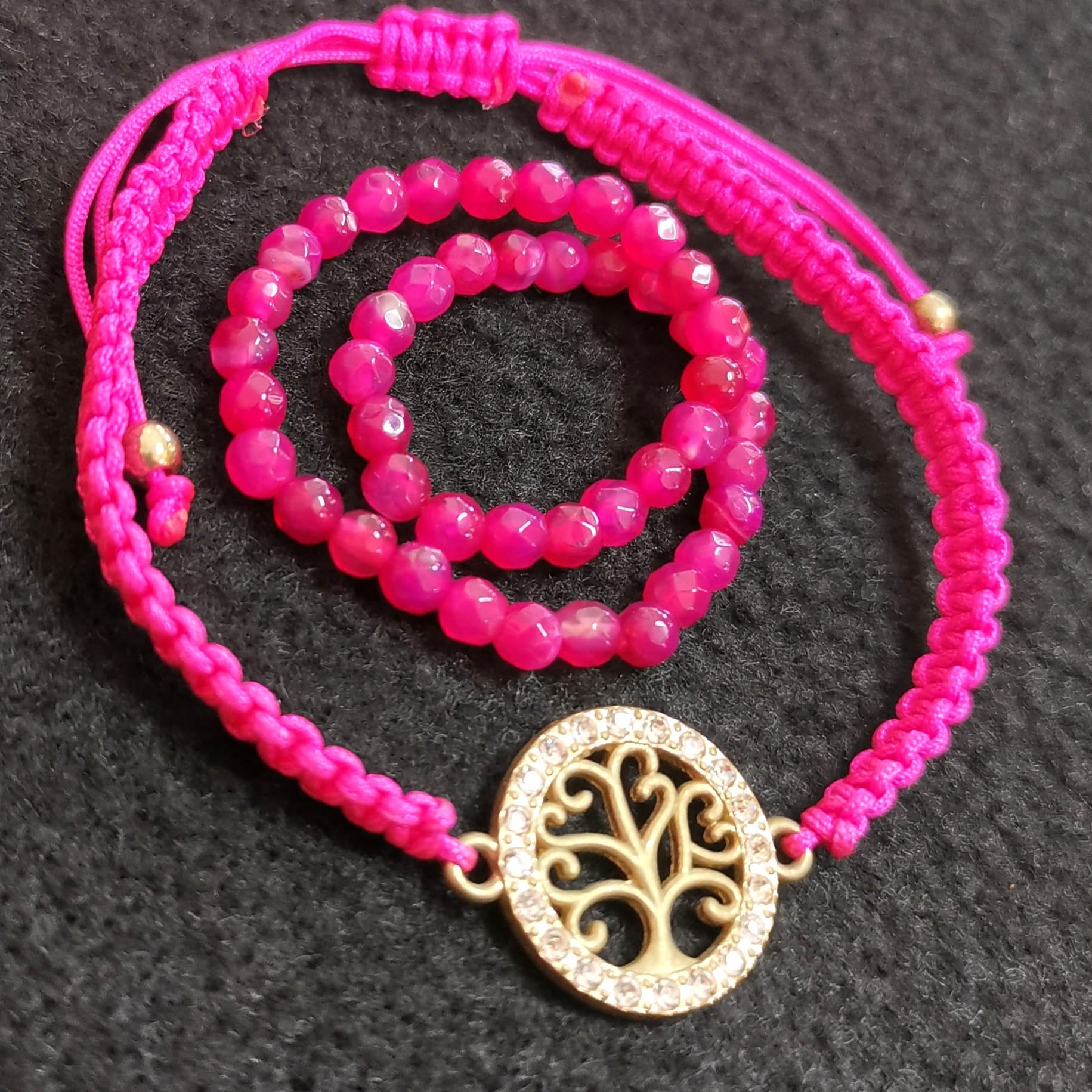 Lebensbaum Makramee & Rosa Pink Achat Armband Set  – geweiht für Liebe, Wachstum & Lebensfreude