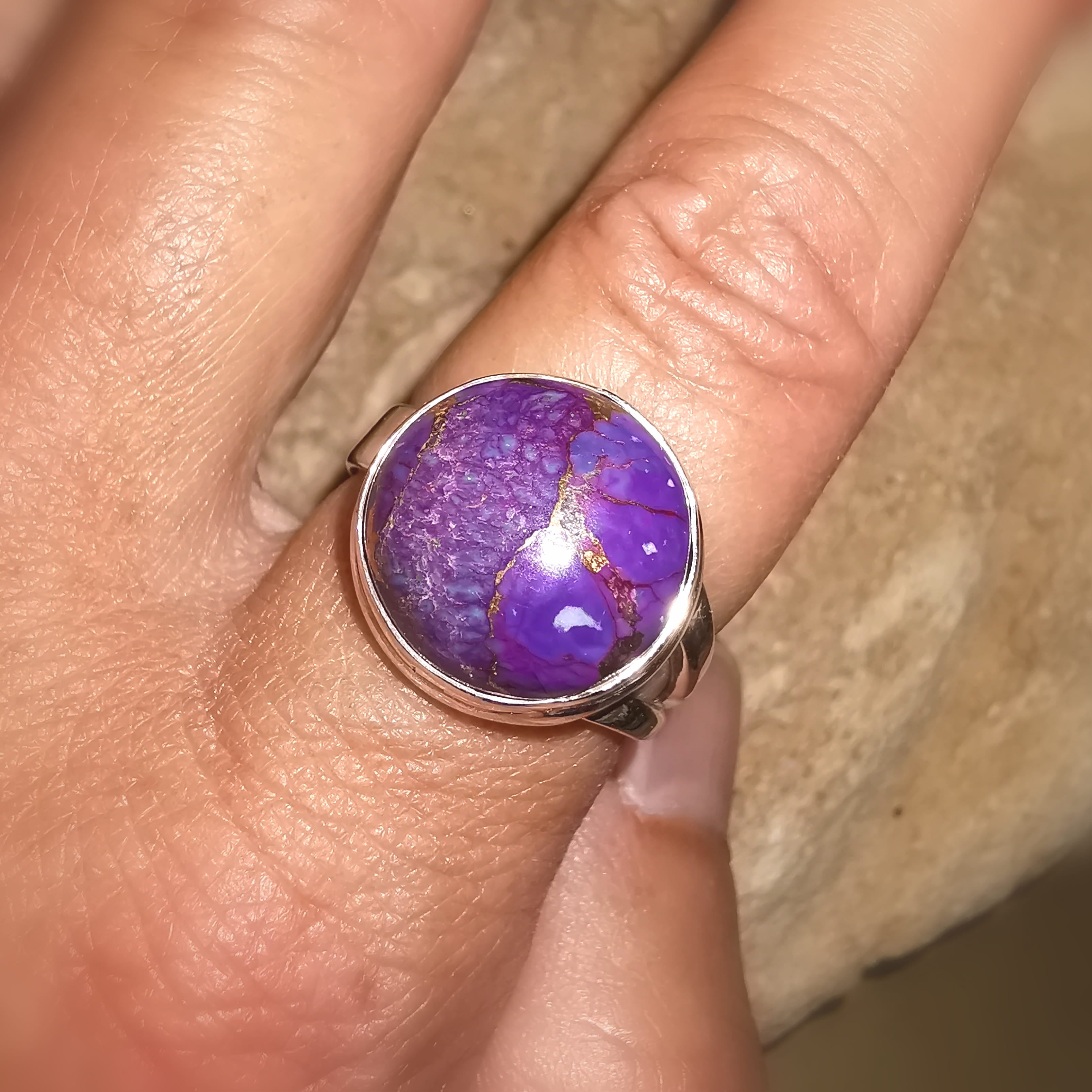 Lila Türkis Pyrit Edelstein Ring rund Sterlingsilber – geweiht für Intuition, Schutz