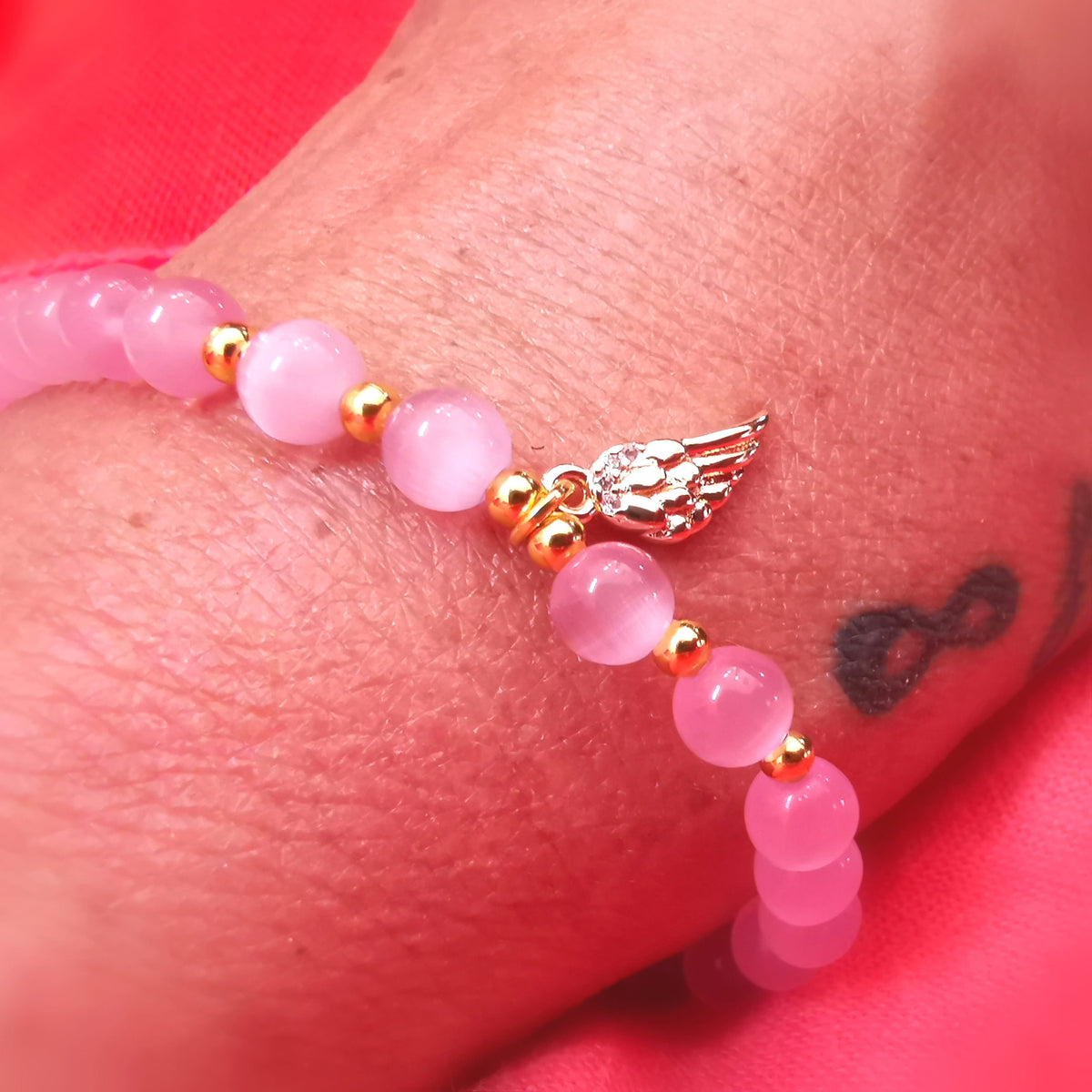 Katzenaugen Quarz Edelstein Karma Armband mit Engelflügel - #Liebe