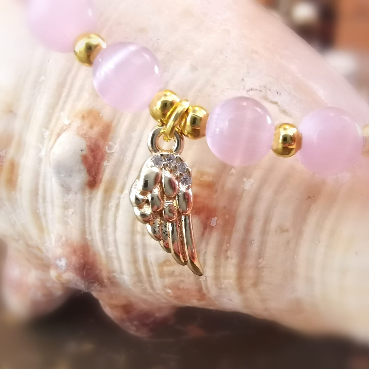 Katzenaugen Quarz Edelstein Karma Armband mit Engelflügel - #Liebe