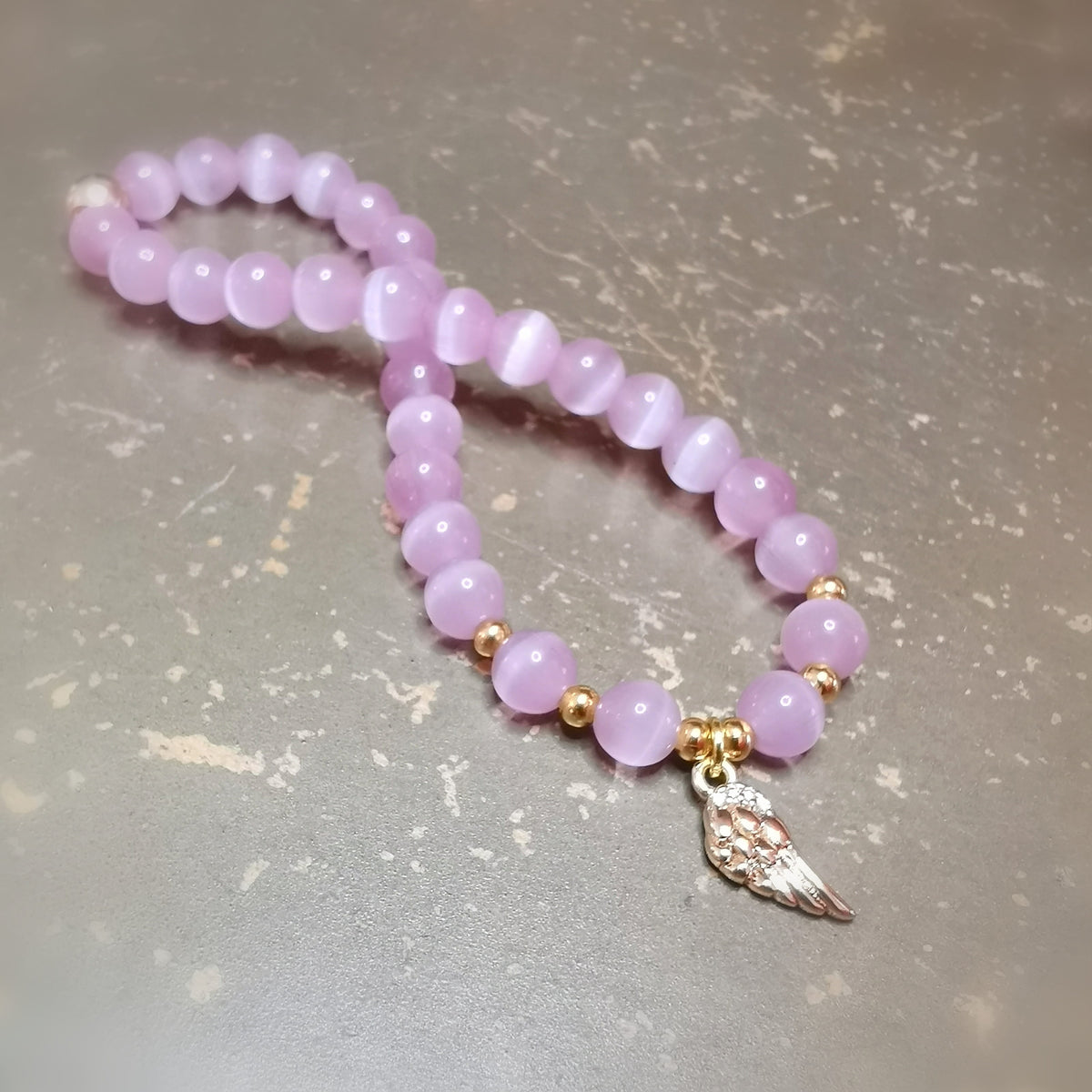 Katzenaugen Quarz Edelstein Karma Armband mit Engelflügel - #Liebe