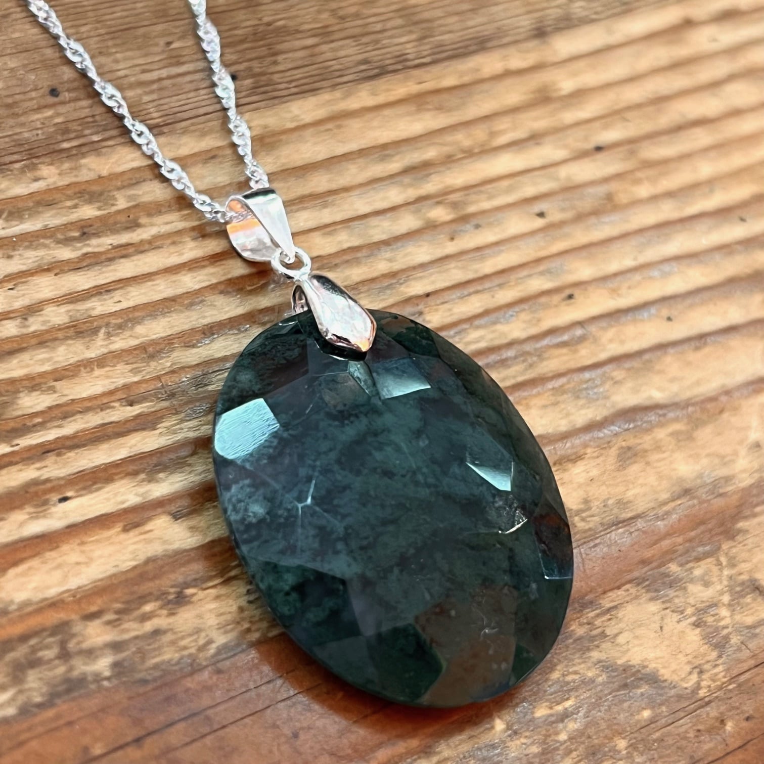 Wish Moss Agate Gemstone Healing Stone Karma Necklace Sterling Silver 45 cm, consecrated - Freedom of the Soul