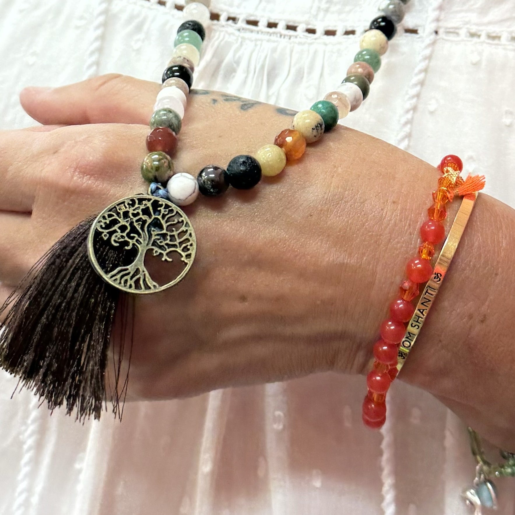 Mala Chakra Edelstein Mix Unikat, Karma Lebensbaum Heilstein Kette, Gebet, Meditation, Boho Mode #vielfalt