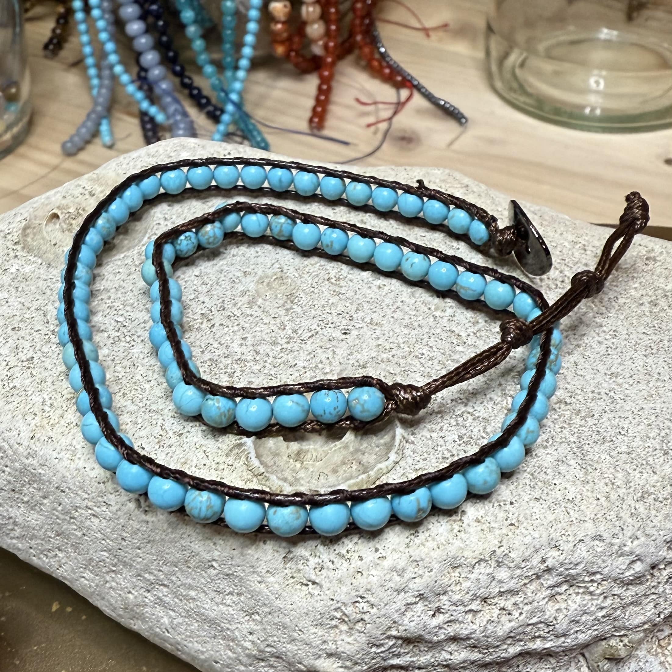 Turquoise Magnesite Gemstone Healing Stone Wrap Bracelet Hippie Style, Consecrated - Freedom