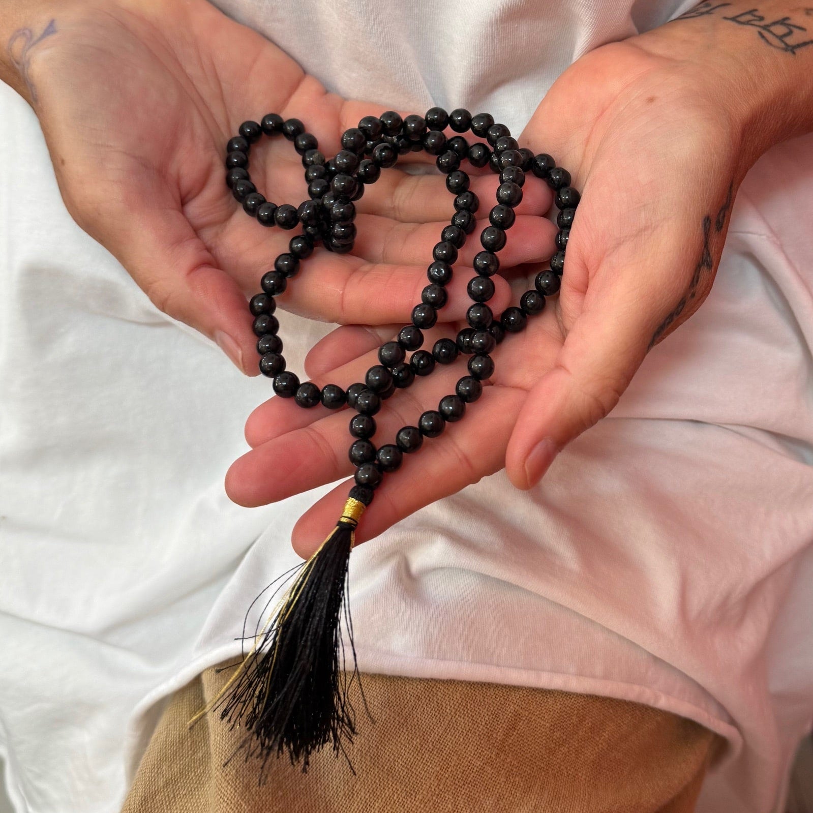 Shungite Mala Gemstone Healing Stone, Prayer Beads 108 Black Beads, Aura Protection