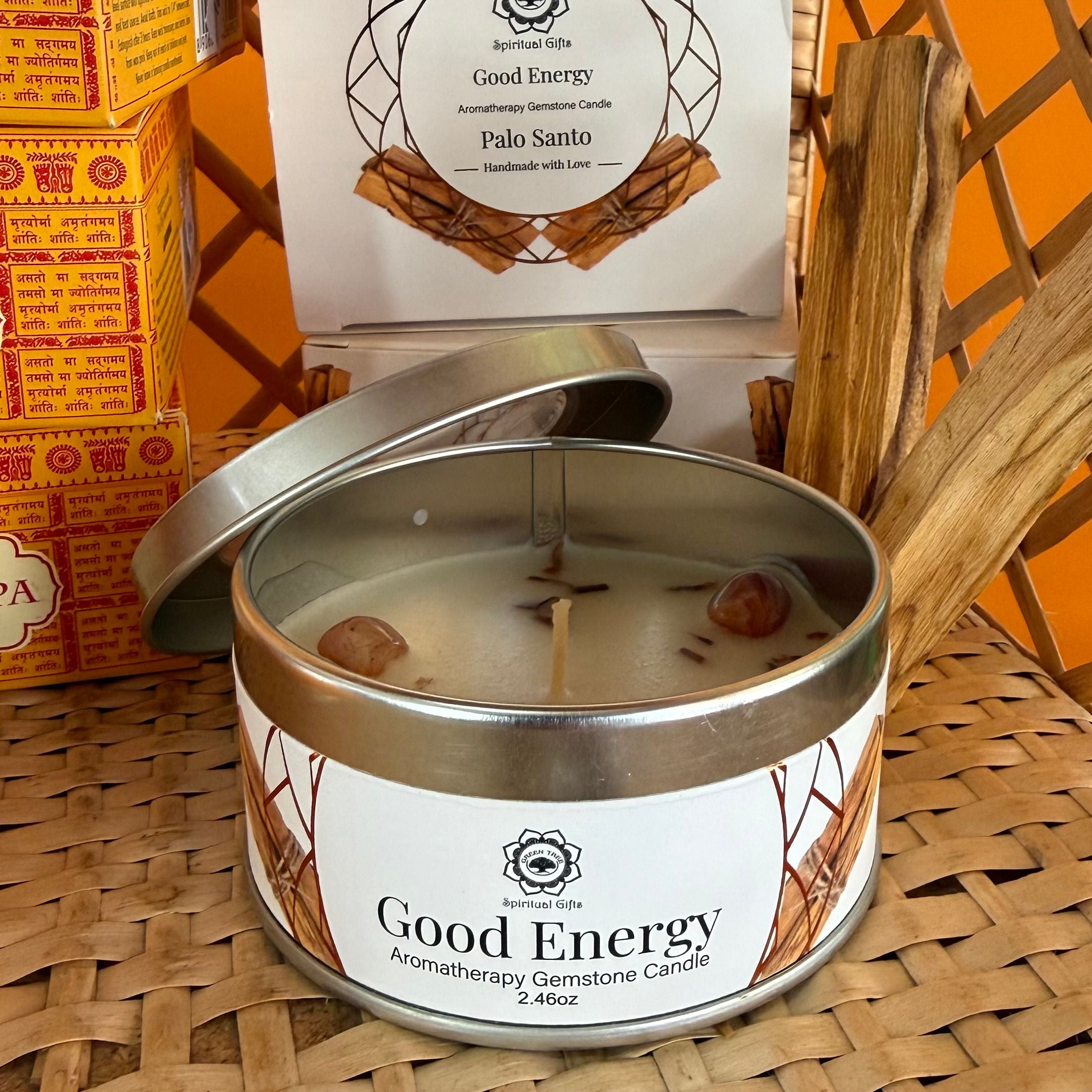 Good Energy Palo Santo Duftkerze mit Karneol – Aromatherapy Heilstein Kerze