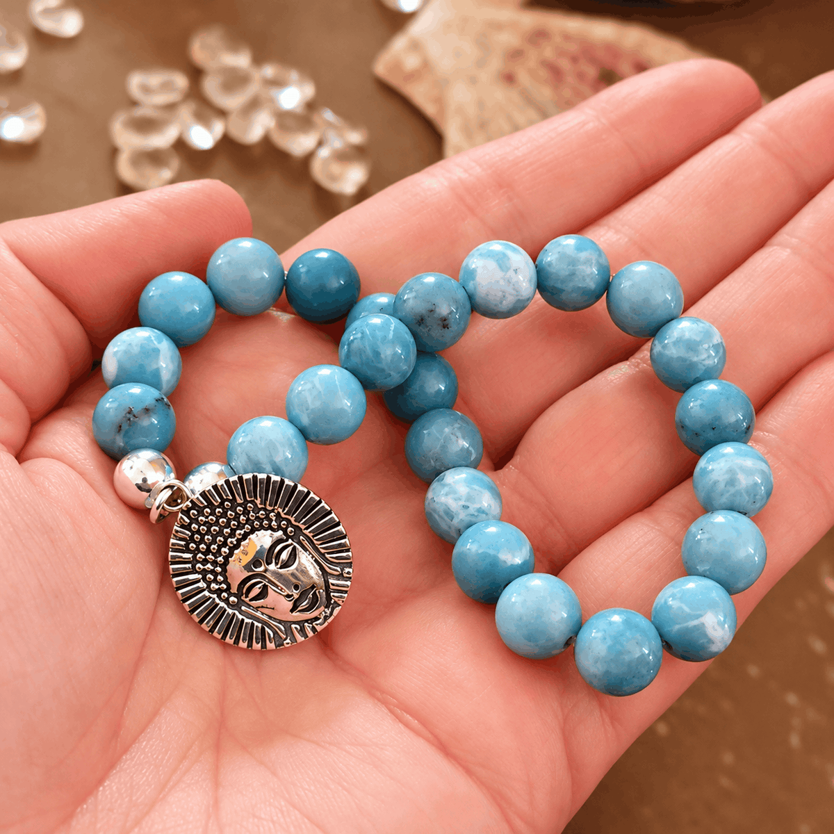 Larimar Edelstein Buddha Yoga Karma Armband – Ruhe, Gelassenheit & Lebensfreude