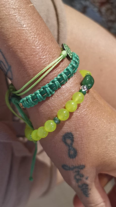 3er Armbändchen Boho Karma Set: gelbe Jade, Chrysopras Edelsteine Heilsteine, Swarovski Kristalle Leder Sterlingsilber, geweiht - Herzchakra Lebensfreude