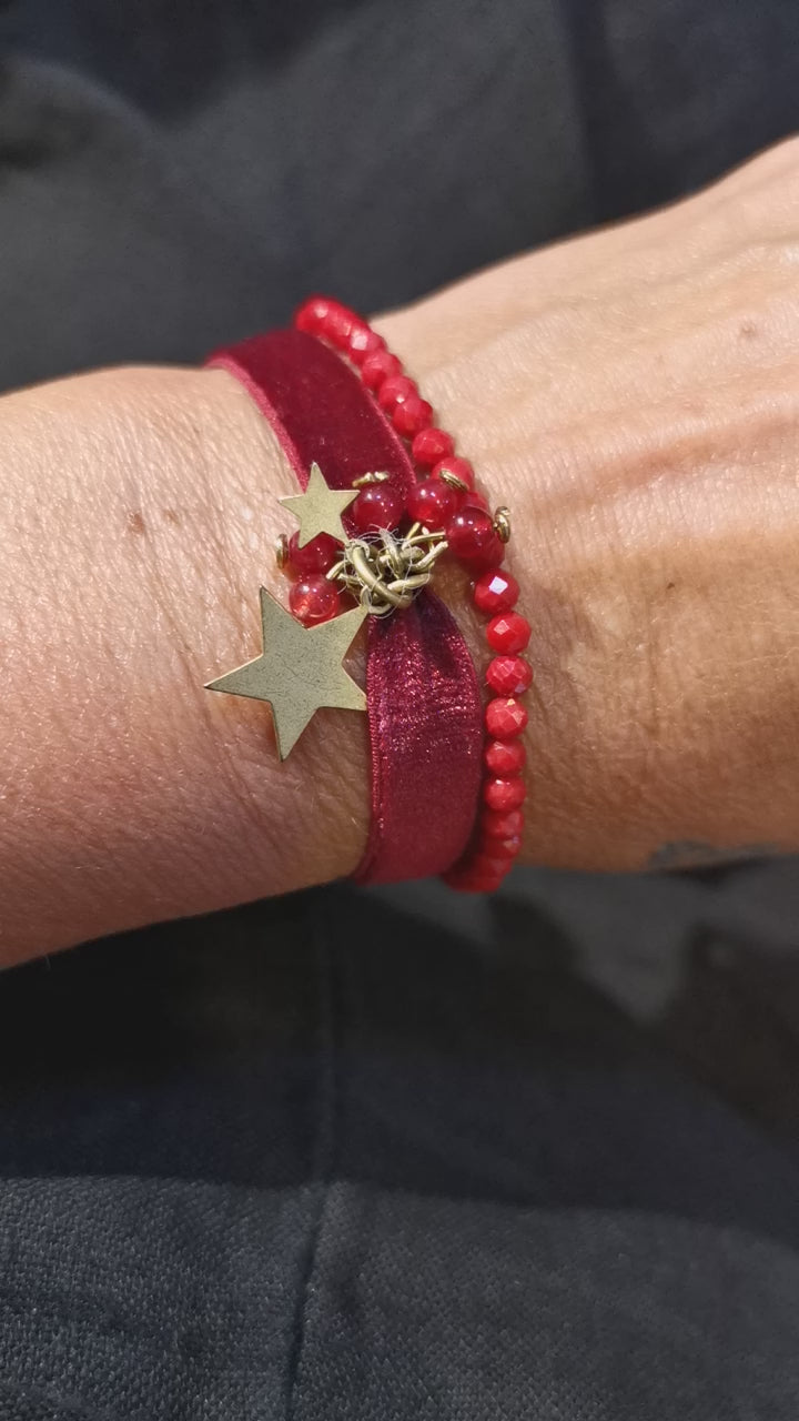 rote Koralle Samt Edelstein Karma Armband Set, geweiht, Energiefluss und Lebenskraft