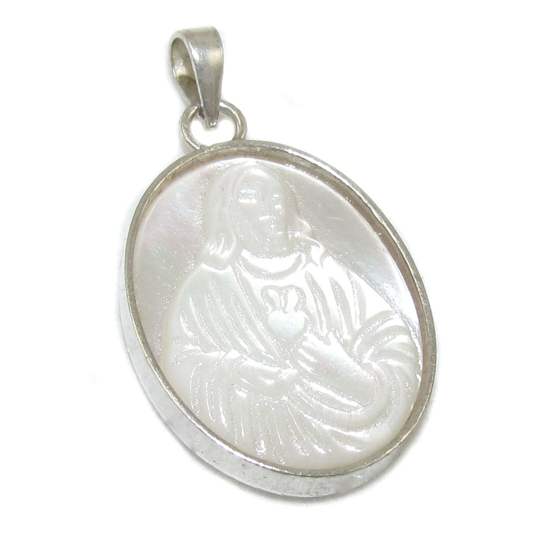 Sacred Heart of Jesus Mother of Pearl Pendant Sterling Silver - Bearer of Hope and Courage