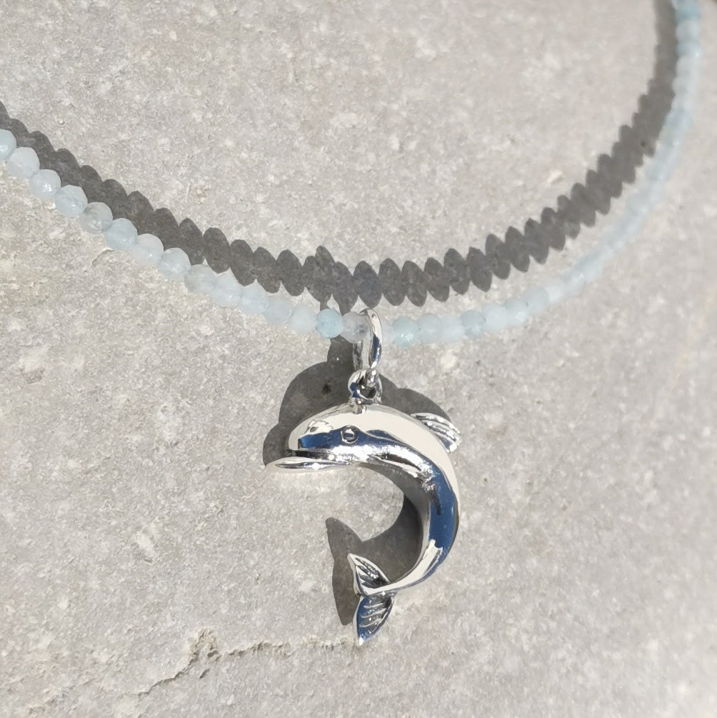 Delfin Krafttier Aquamarin Edelstein Kette, Engel des Meeres, Seelentier - Freiheit