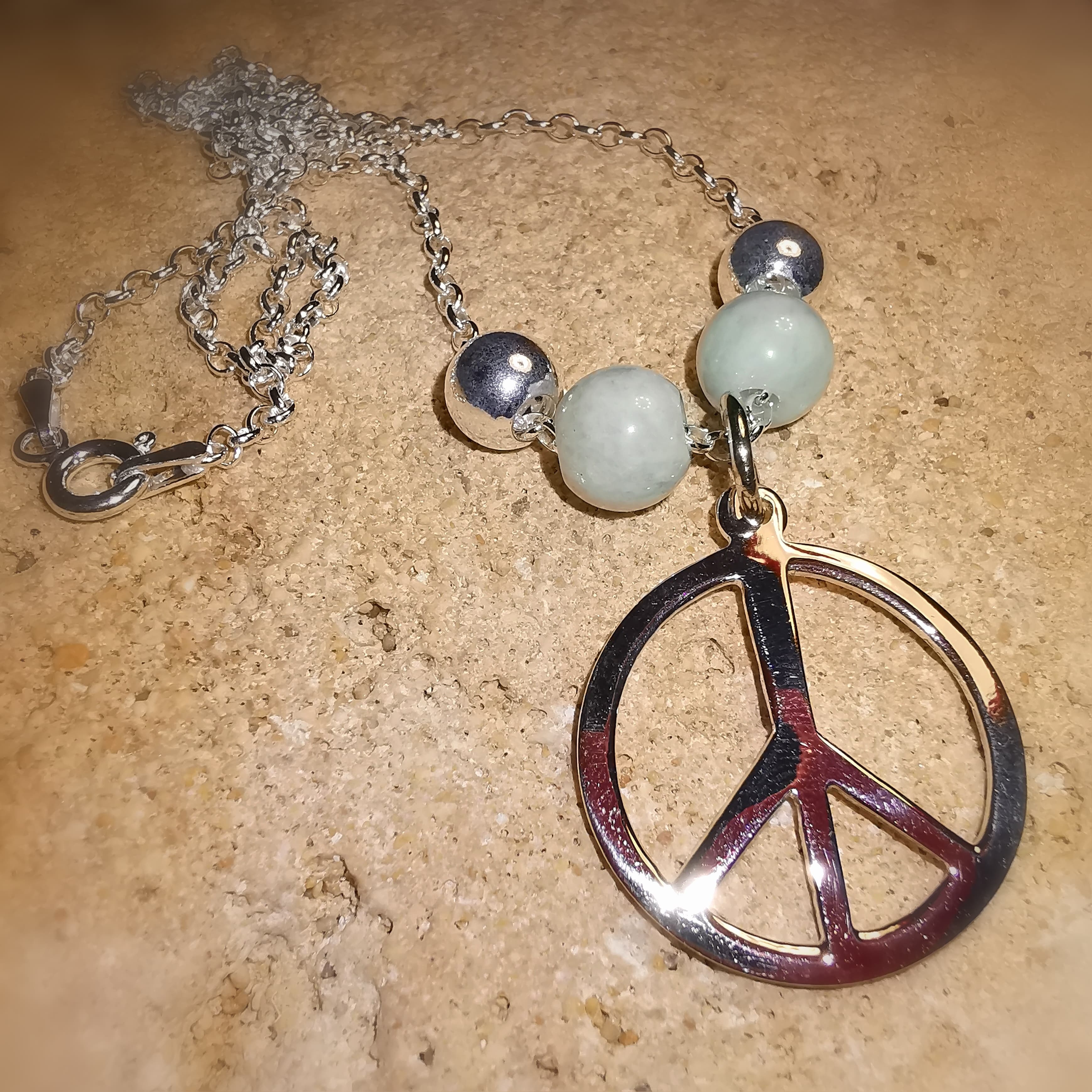 Frieden - Peace - Paz, Sterlingsilber Amazonit Edelstein Design Karma Kette, freies Herz