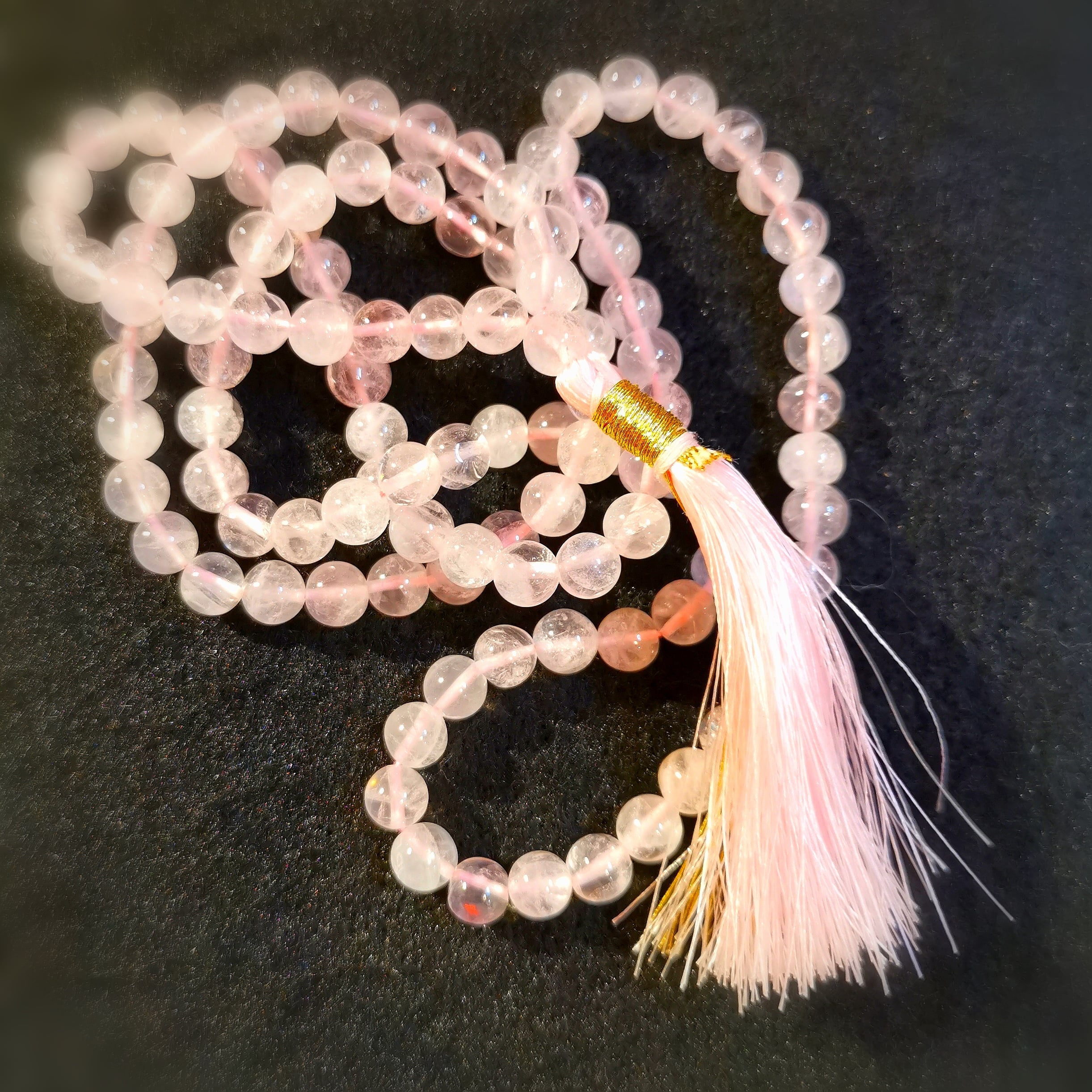 Rosenquarz Edelstein Heilstein Mala, Gebetskette mit rosa Quaste