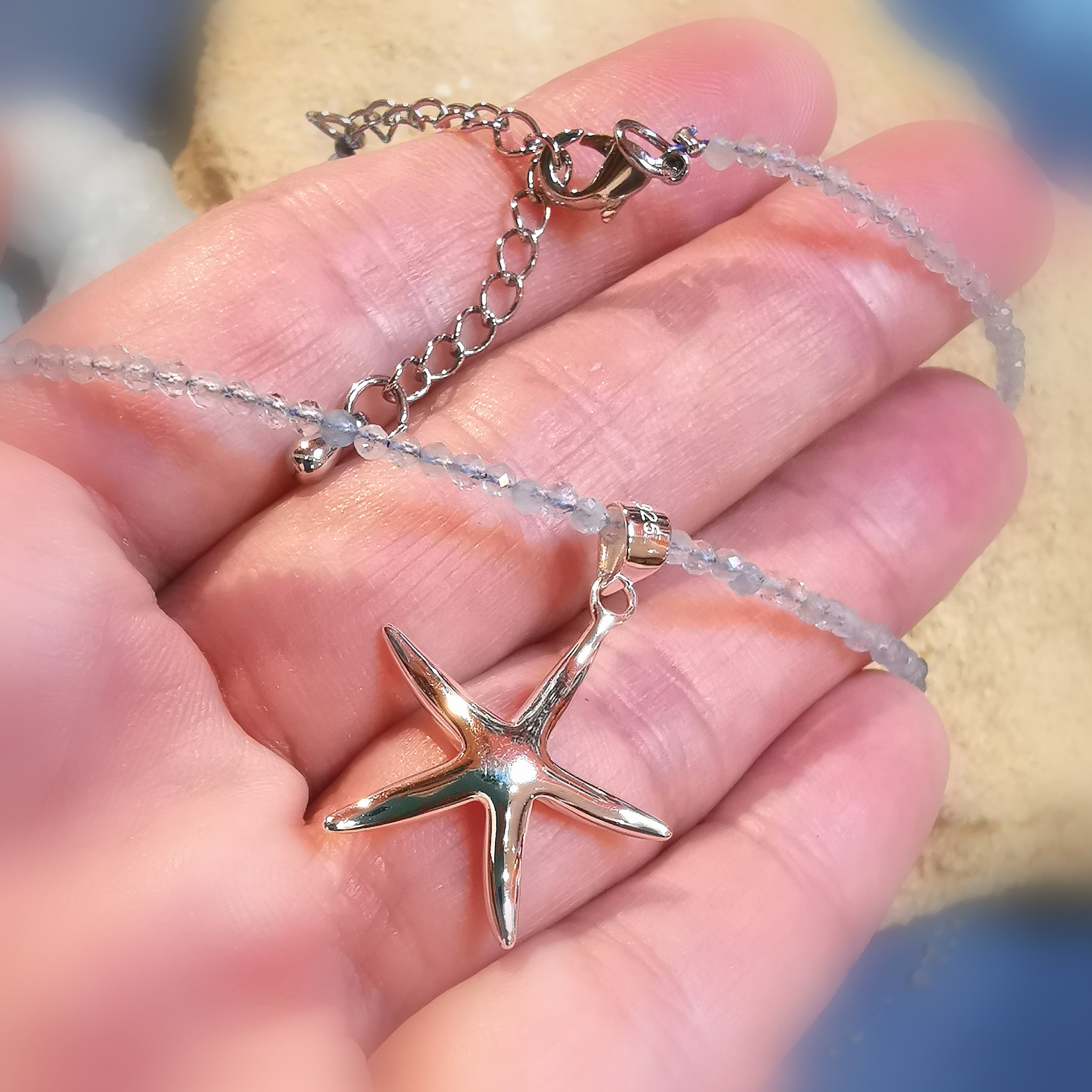 Seestern Krafttier Aquamarin  Heilstein Edelstein Karma Kette, geweiht - Zeit für Wunder