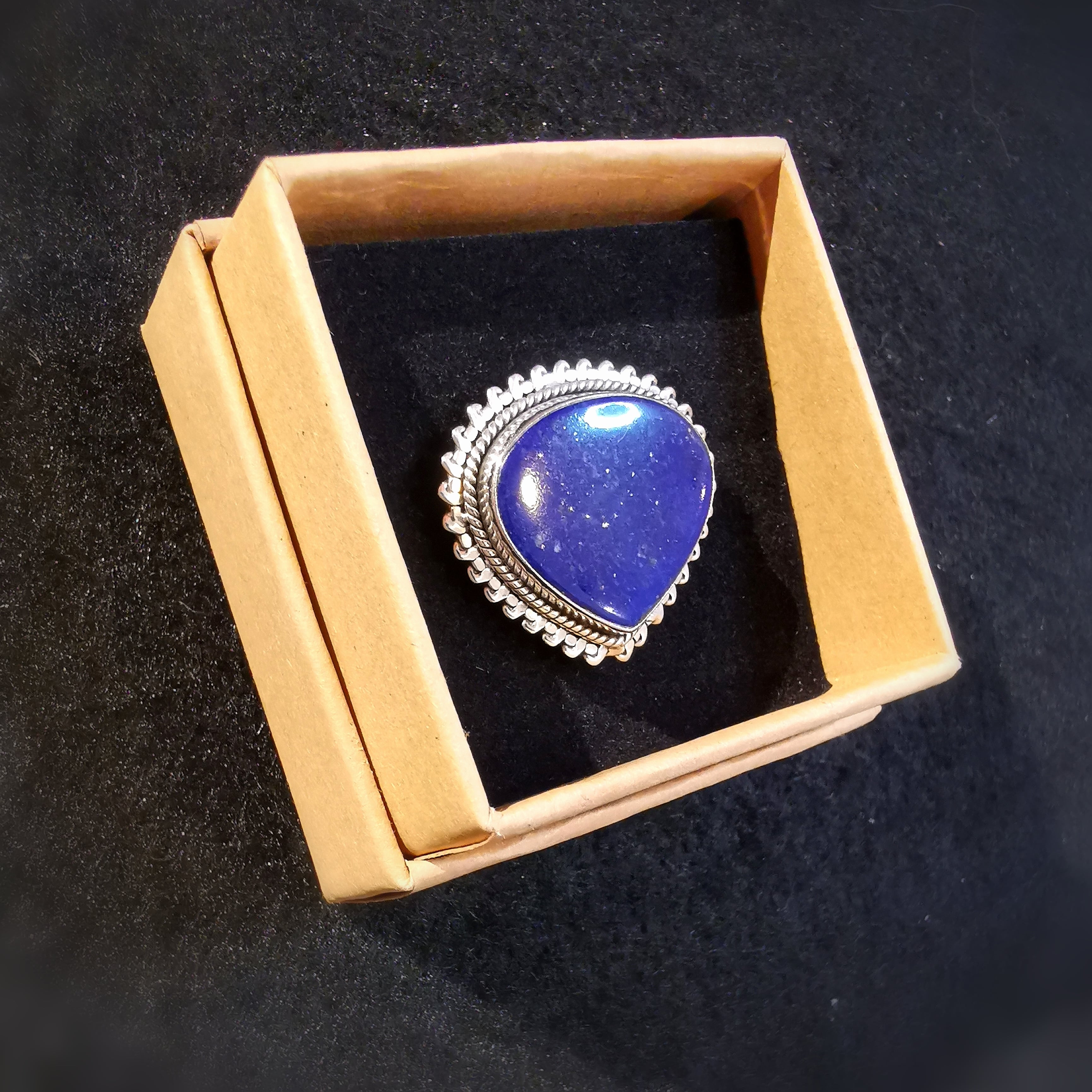 Lapislazuli Edelstein Heilstein Tropfen Sterlingsilber Ring - verstellbar - Selbstvertrauen