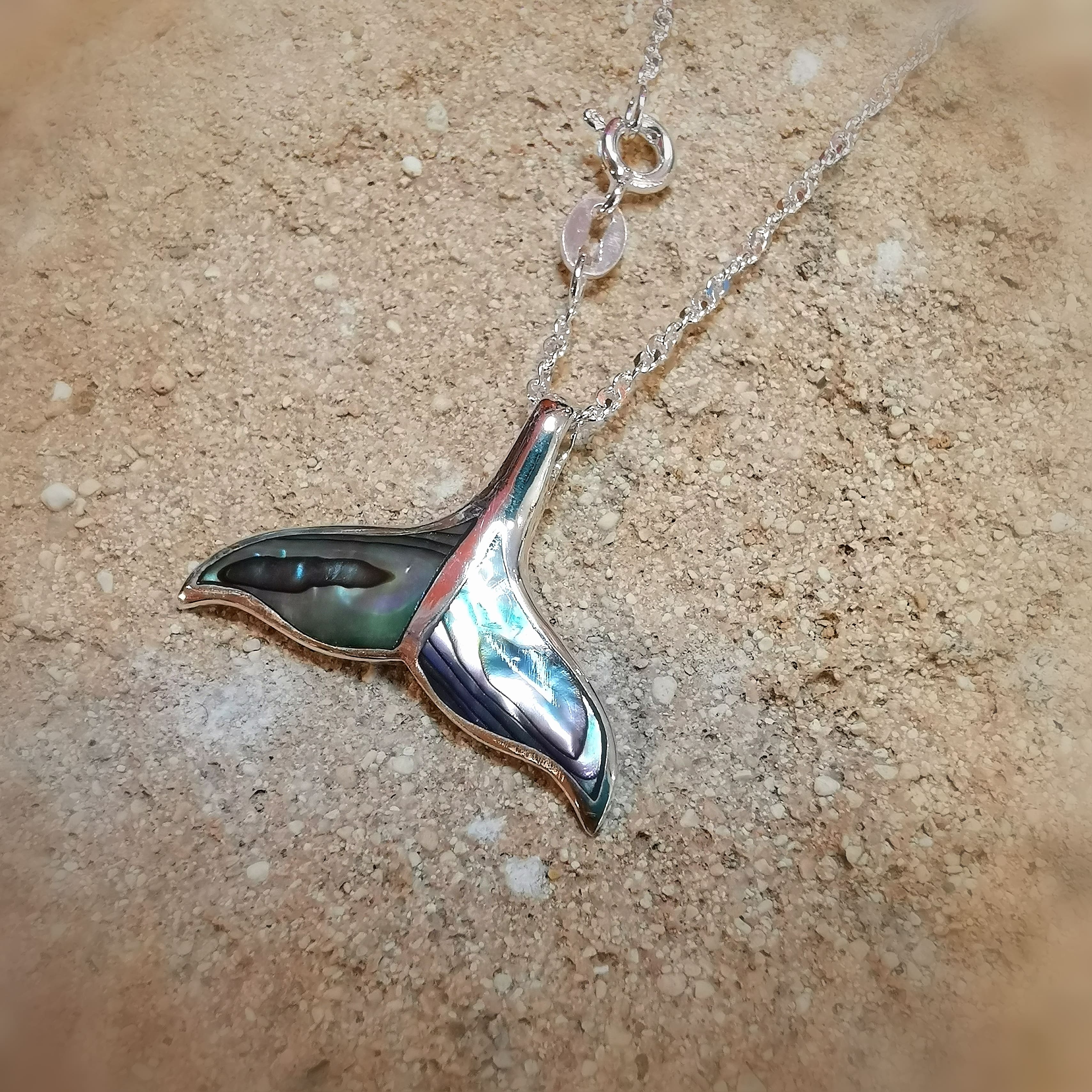 Walflosse Abalone Muschel Glücksbringer Karma Kette Sterlingsilber 50 cm, Krafttier Wal