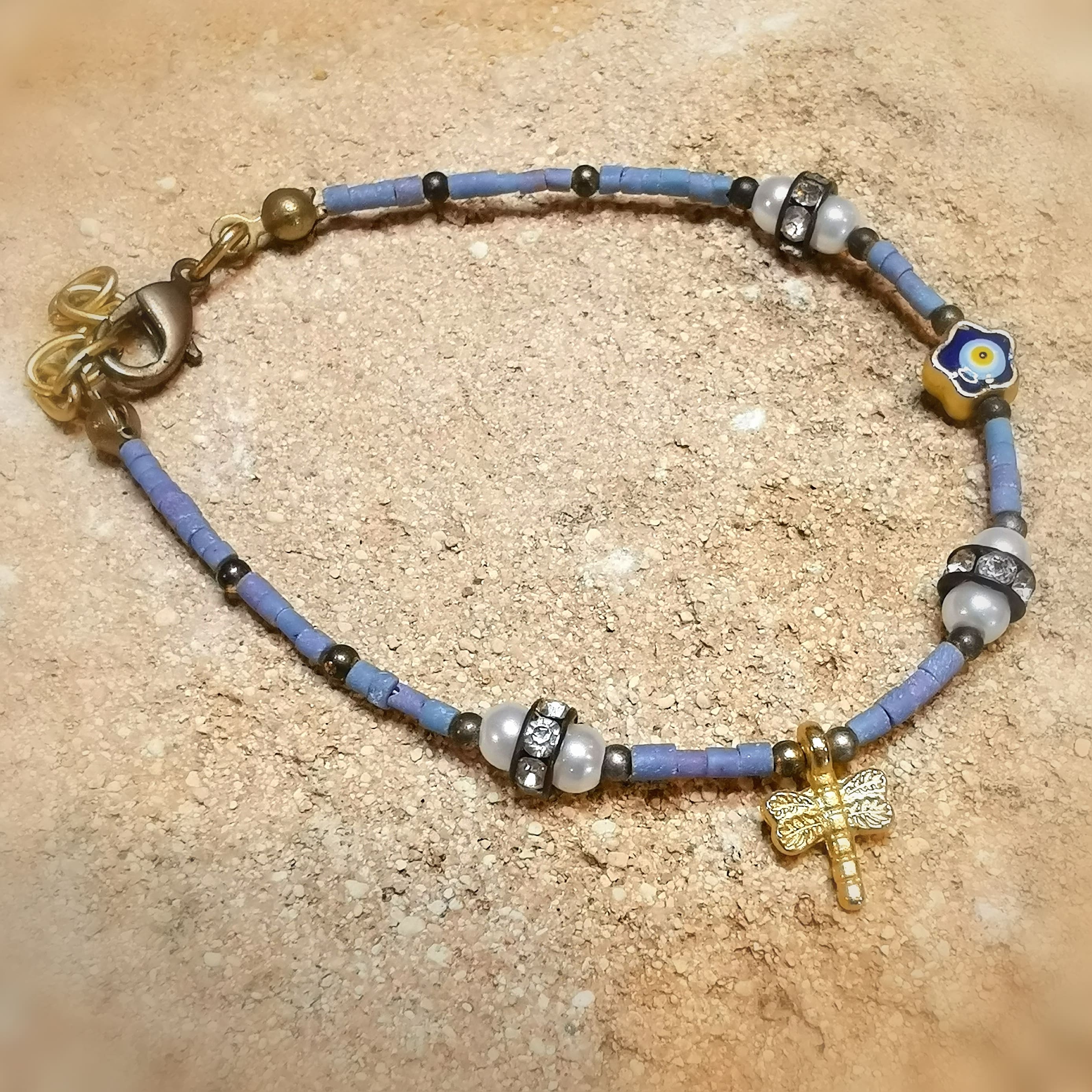 Glücksarmband Hippie Schmuck lila blau mit Perle, Koralle, Emaille