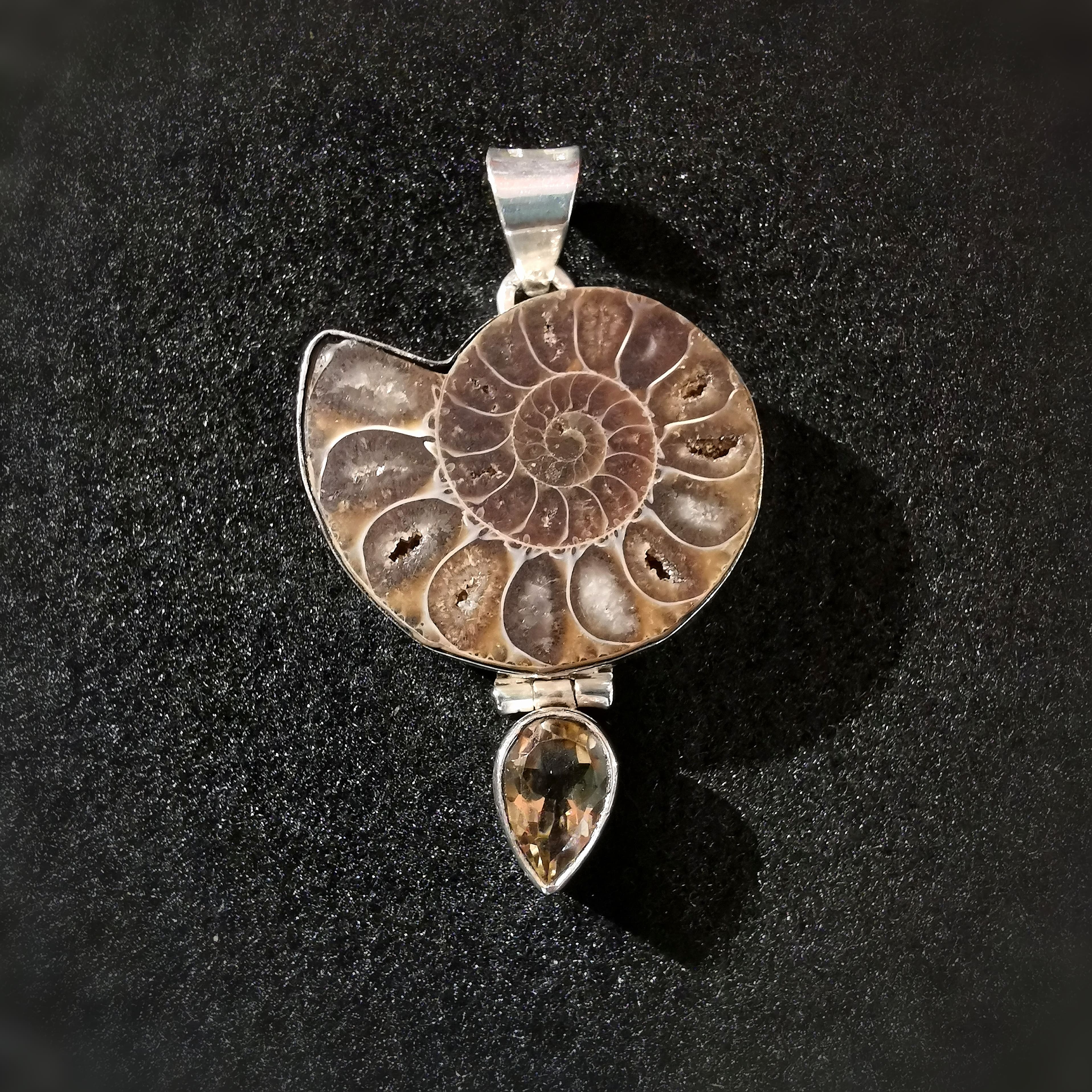 Ammonit Citrin, Fossil Edelstein Heilstein Anhänger XL für Lebensmut und Lebensfreude