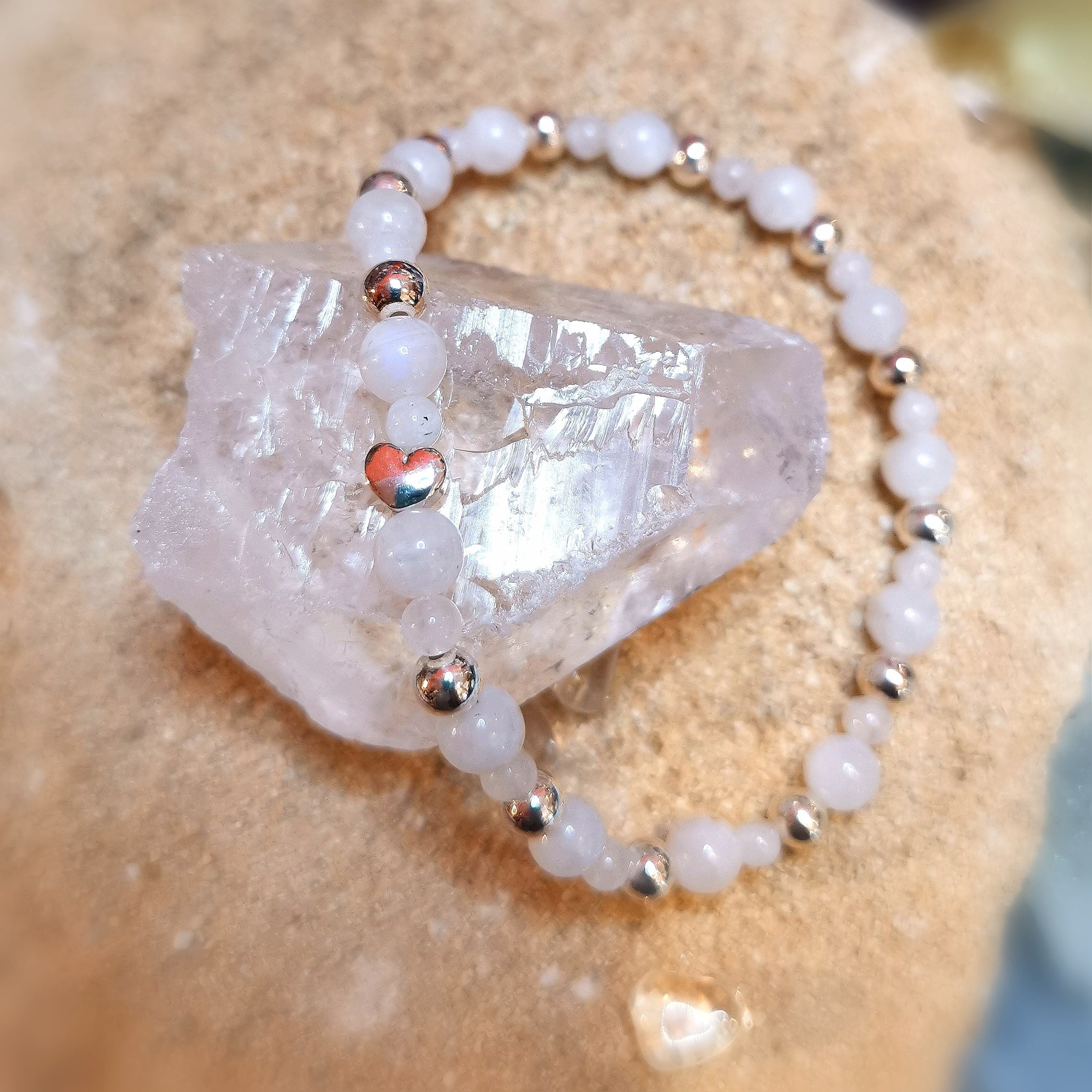 Regenbogen Mondstein Edelstein Heilstein mit Herz Karma Armband XL 19 cm, geweiht - neue Lebensenergie