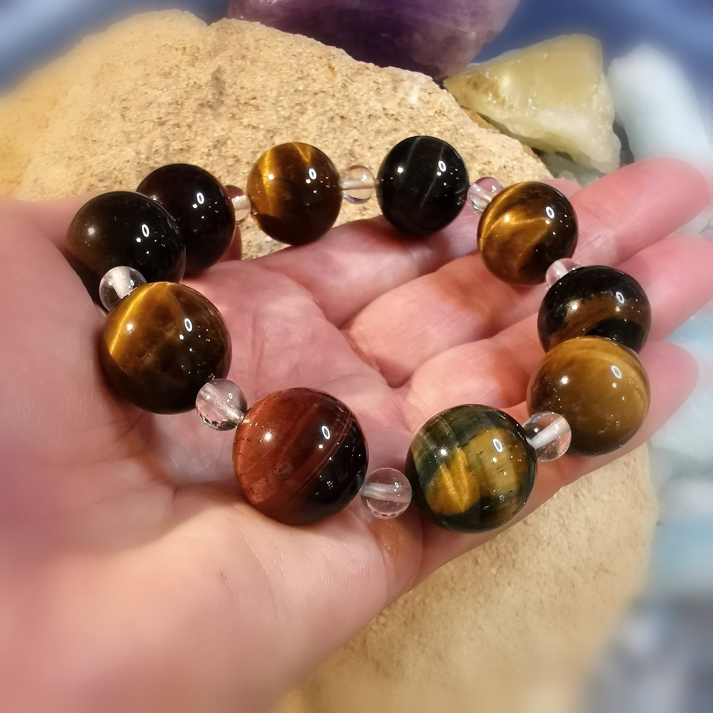 Tigerauge Falkenauge Bergkristall Edelstein Heilstein Armband üppig - Kraft und Mut