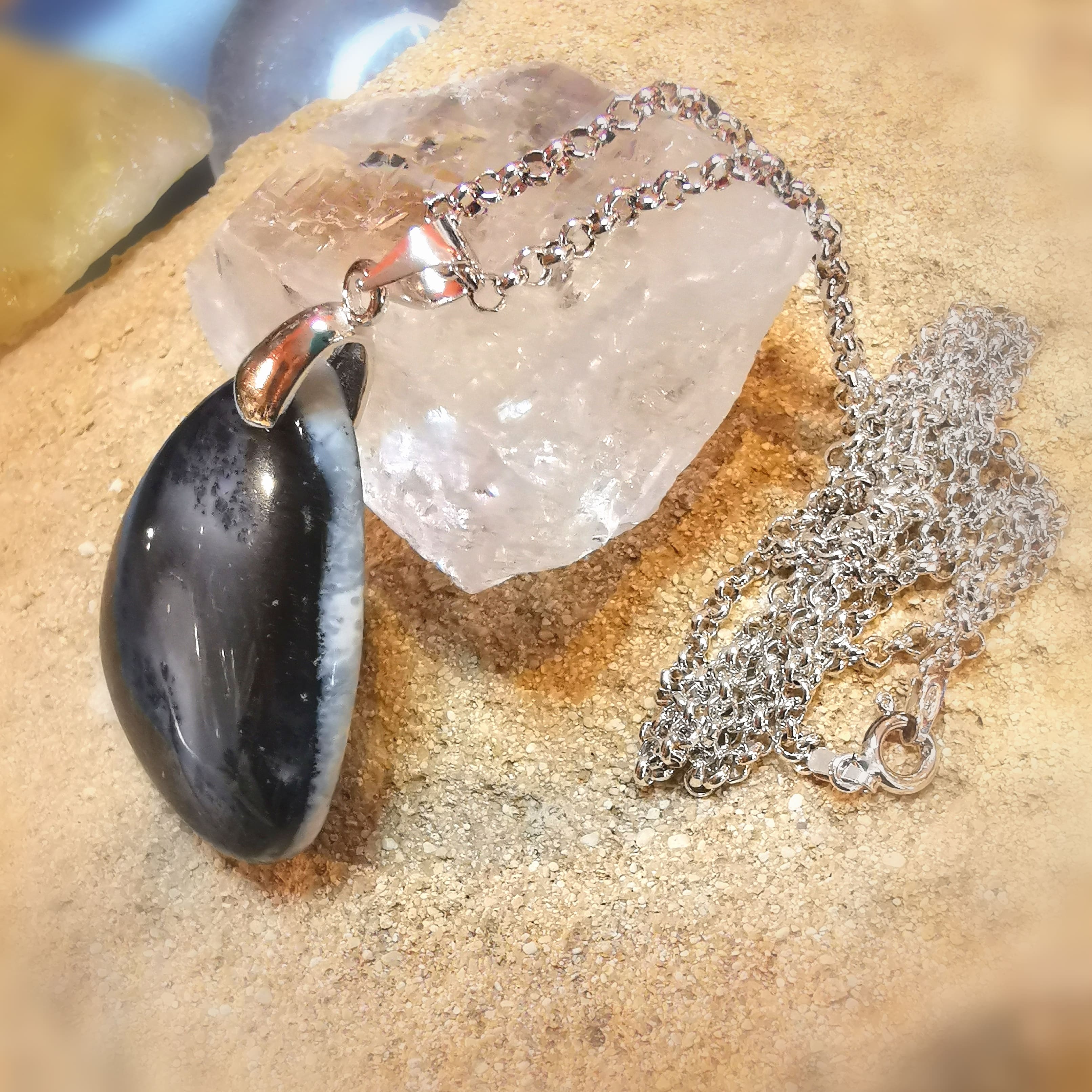 edle Merlinit Karma Kette 60 cm, Edelstein Anhänger Dendritenopal AA Qualität, Schönheit des Lebens