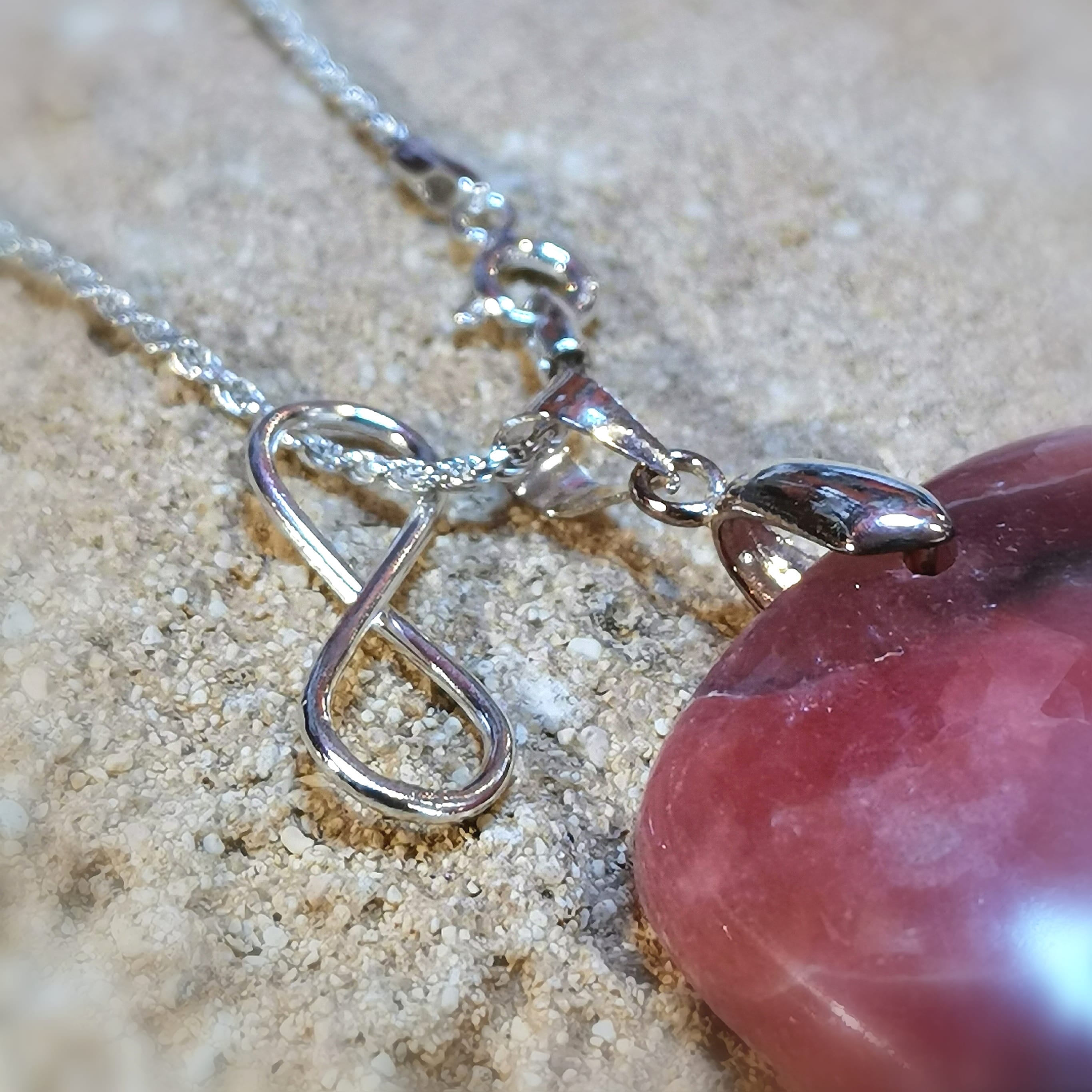 Rhodochrosit XXL Edelstein Heilstein Infinity Unendlich Karma Kette 70 cm Sterlingsilber, geweiht - Hoffnung