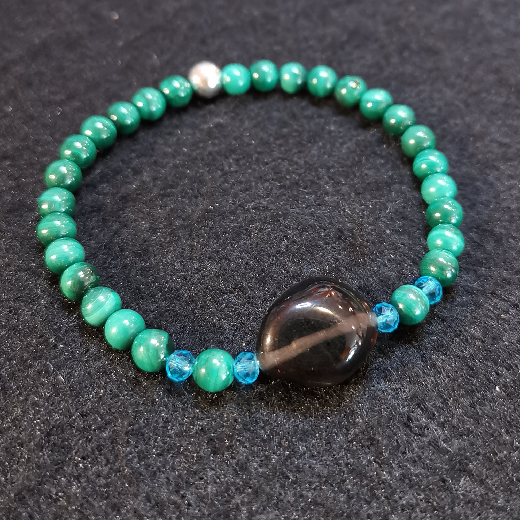 Malachit, Apachen Träne, Rauchobsidian Edelstein Heilstein Karma Armband, liebevoll gelassen