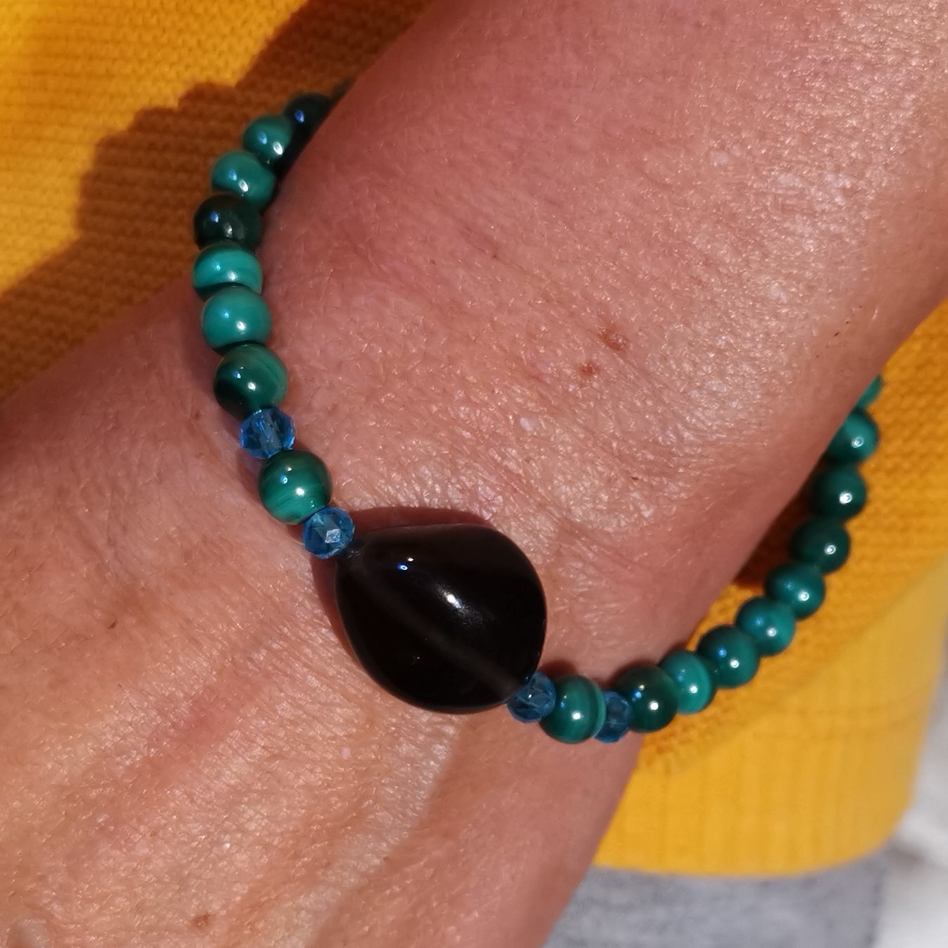 Malachit, Apachen Träne, Rauchobsidian Edelstein Heilstein Karma Armband, liebevoll gelassen
