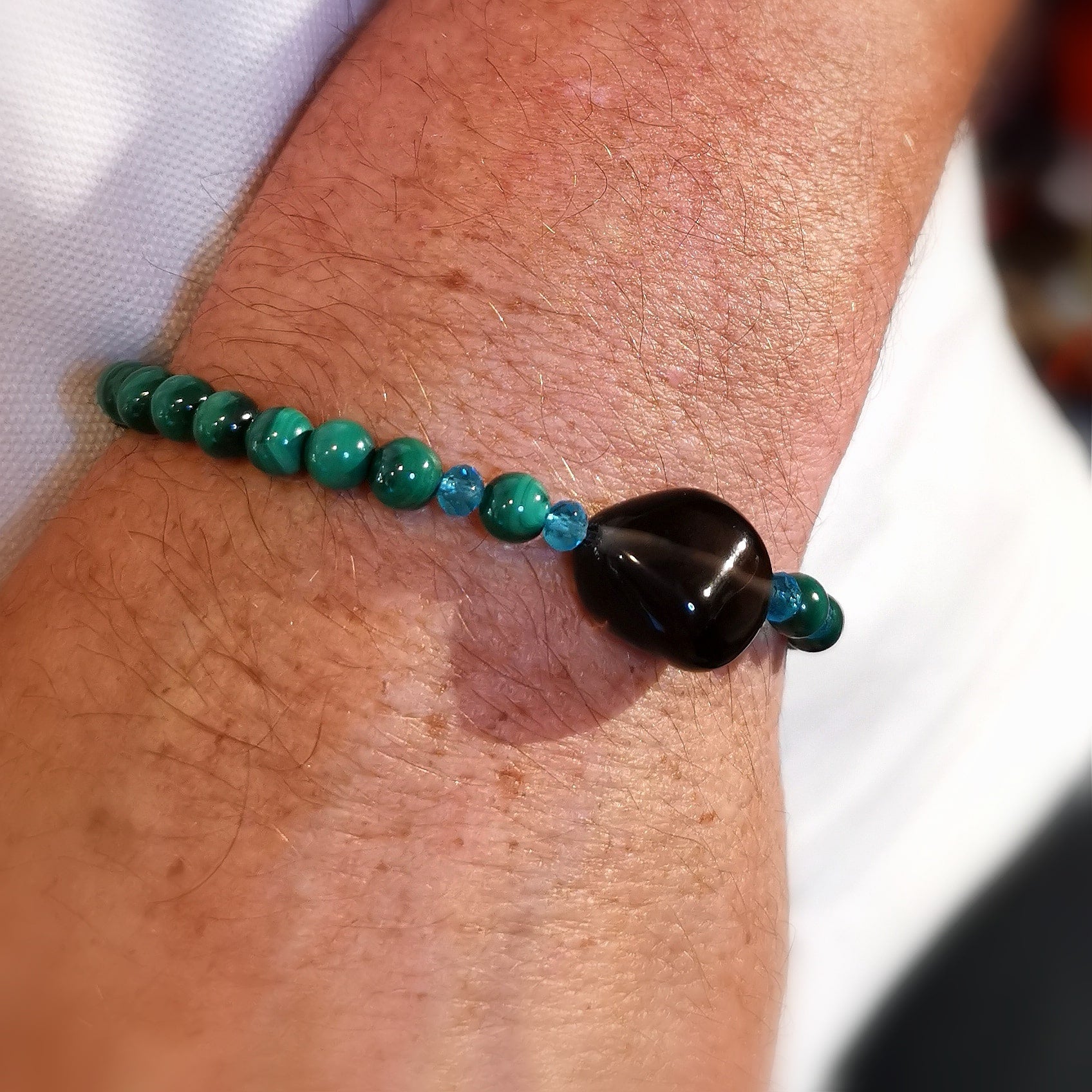 Malachit, Apachen Träne, Rauchobsidian Edelstein Heilstein Karma Armband, liebevoll gelassen