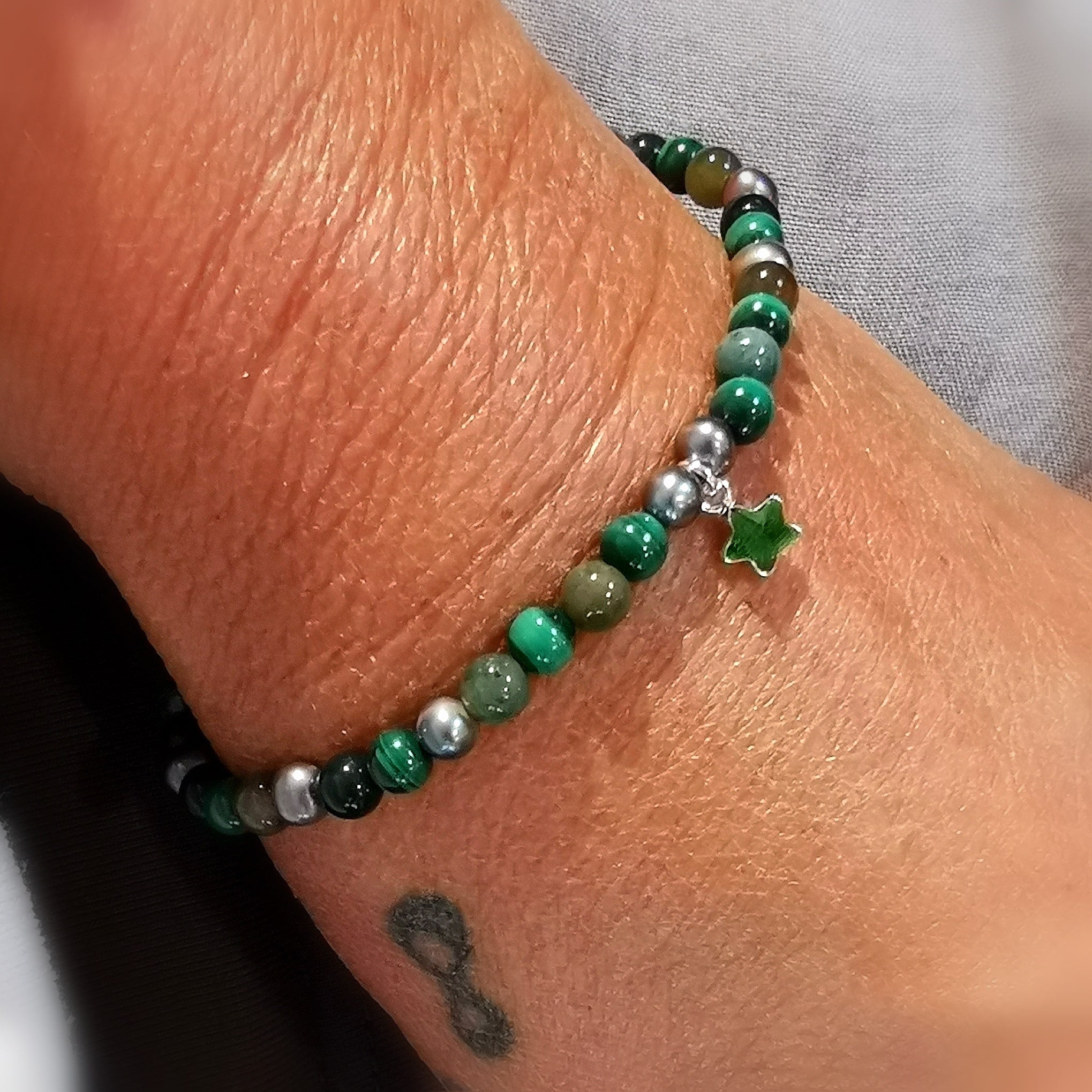 Malachit, indischer grüner Achat, Perle Edelstein Karma Seestern Karma Armband - Ausgeglichenheit, Lebensfreude