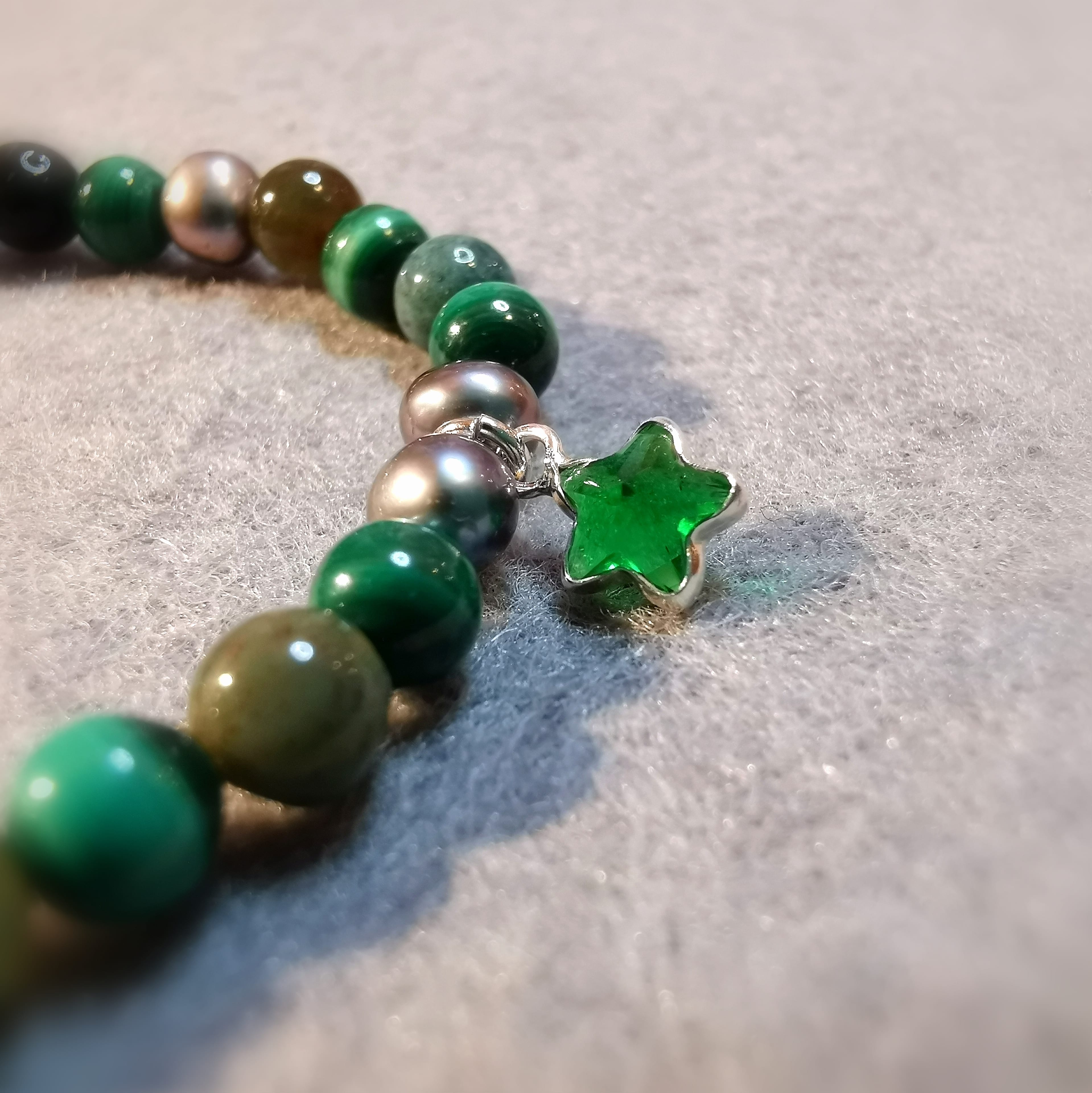 Malachit, indischer grüner Achat, Perle Edelstein Karma Seestern Karma Armband - Ausgeglichenheit, Lebensfreude