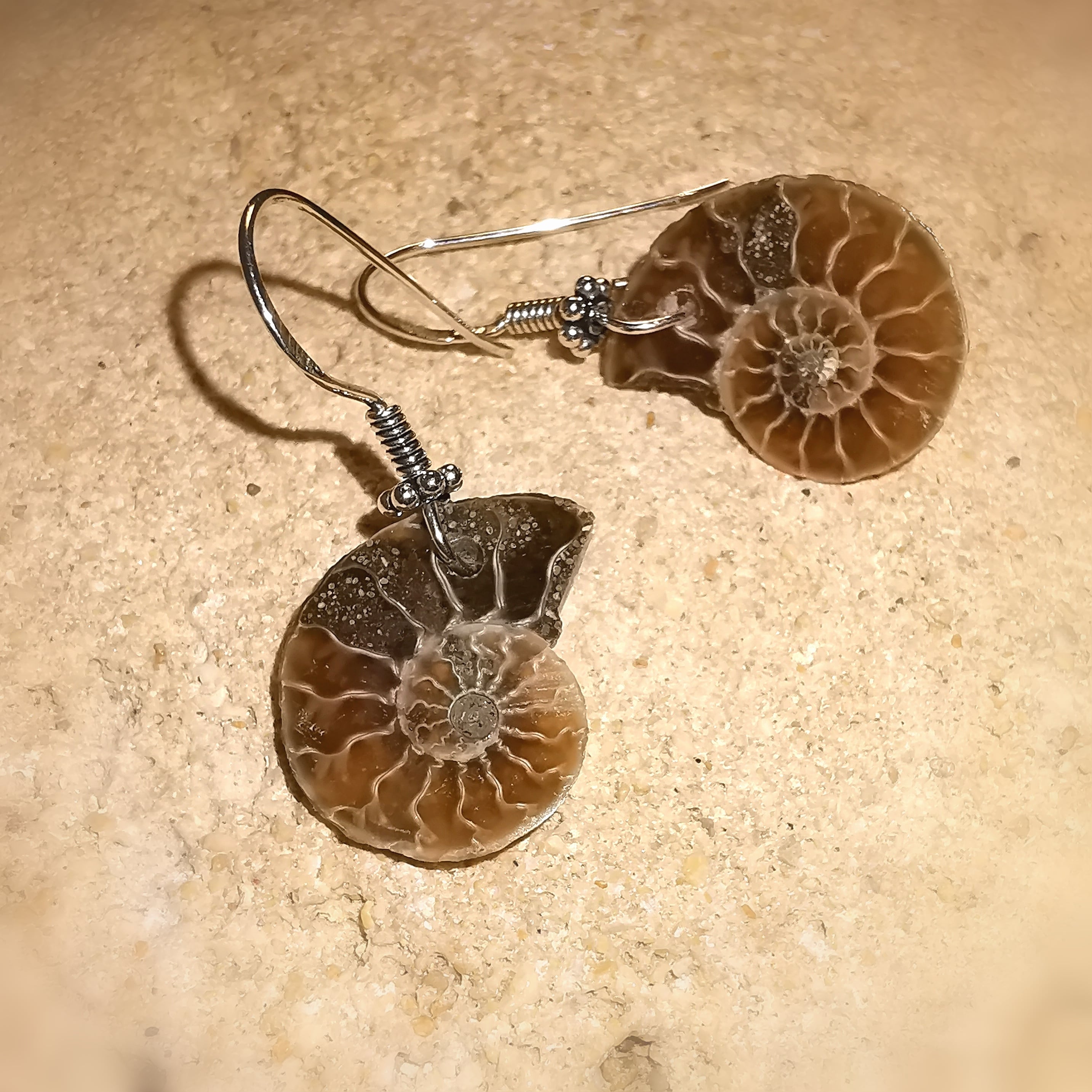 Ammonit Fossil Karma Ohrringe Ohrhänger, Naturschmuck mit Sterlingsilber, geweiht, Erleichterung