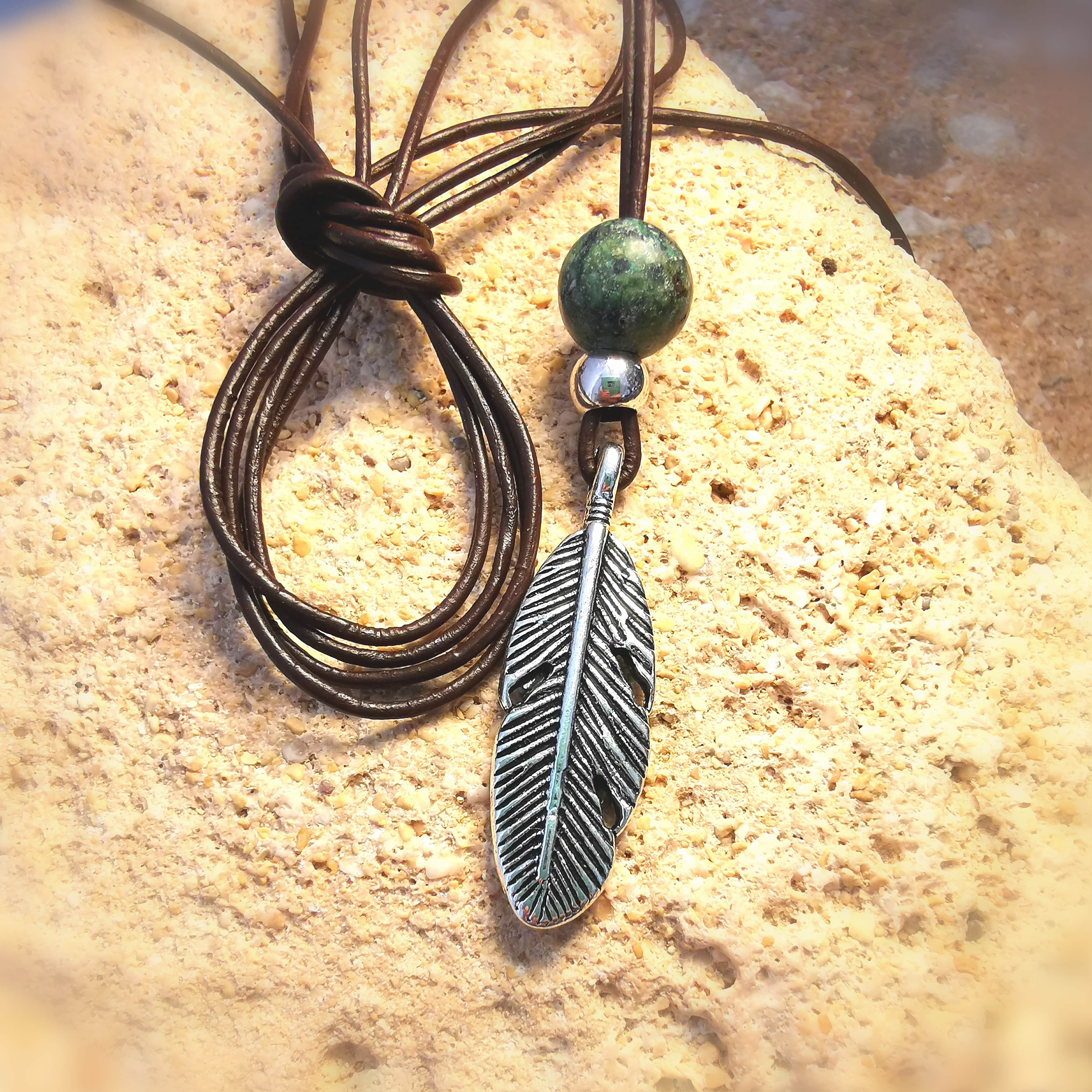 Feder Karma Türkis Edelstein Schmuck Kette, Heilstein, Leder, Edelmetall, Chakra Aura Kraft, Selbstsicherheit