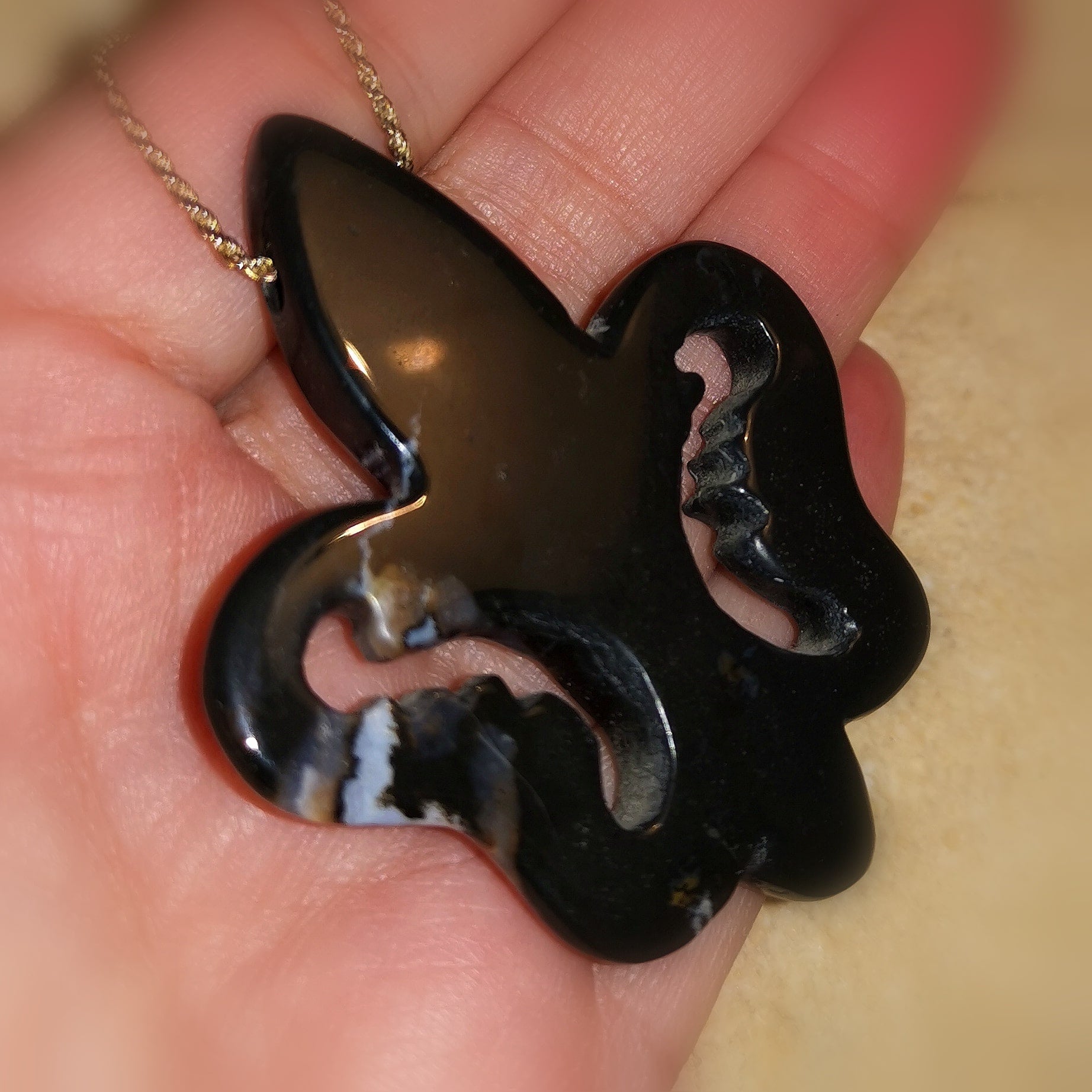 Onyx Spitze XL Edelstein Heilstein Karma Kette Sterlingsilber 70 cm, schwarz, geweiht - in Liebe behütet