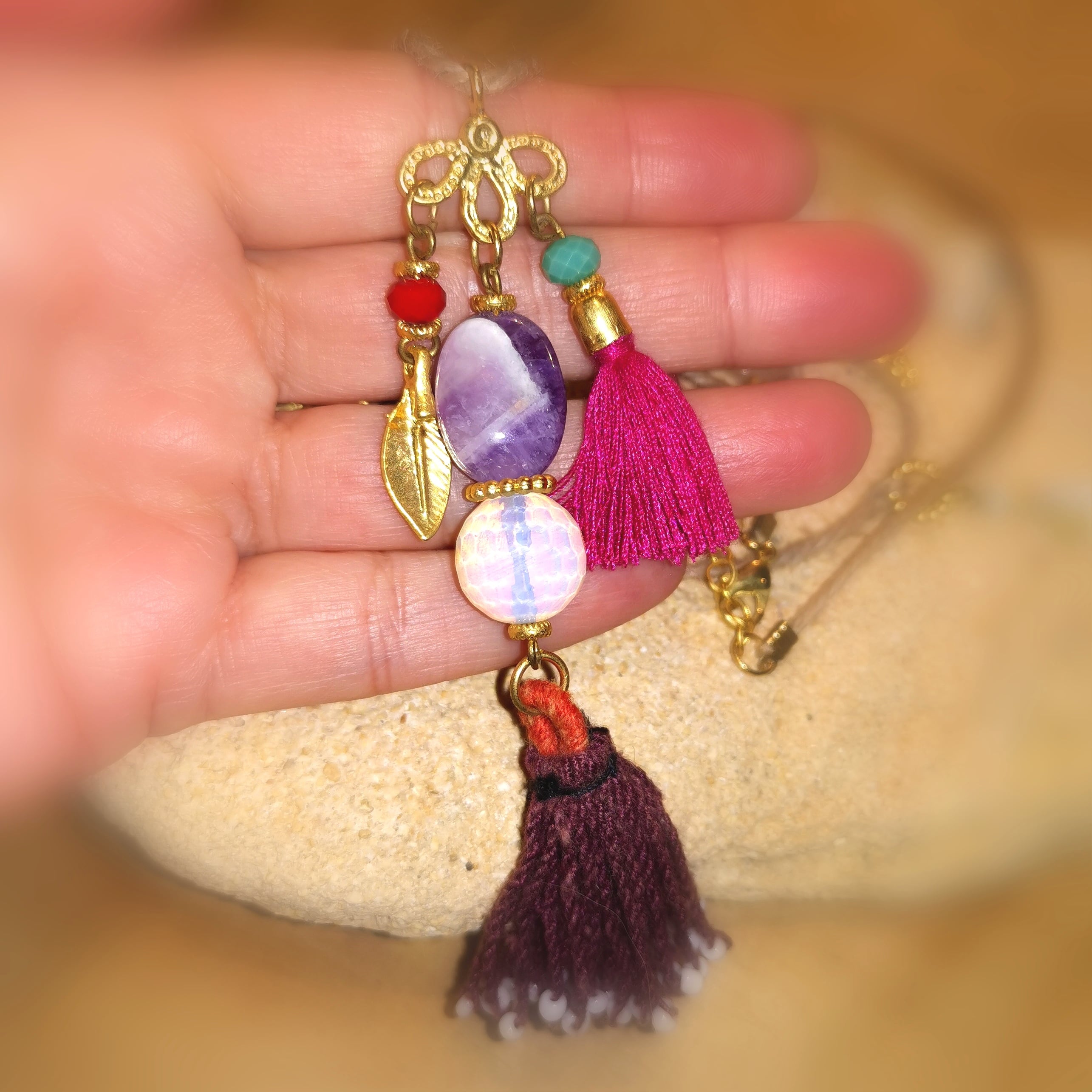 Edelstein Mix Karma Kette, Bijou und Heilsteine, Amethyst, Achat, Opal, Perle, edler Hippie Stil, Sakral Chakra, Glücksgefühle