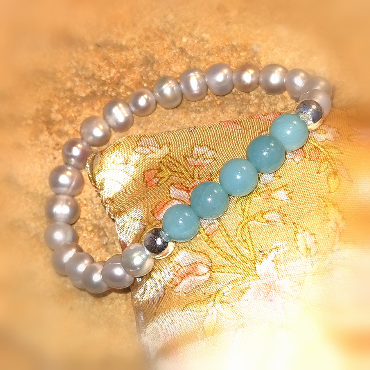 Amazonit Edelstein Heilstein mit Perle, silberfarben, Karma Armband geweiht, Licht und Liebe
