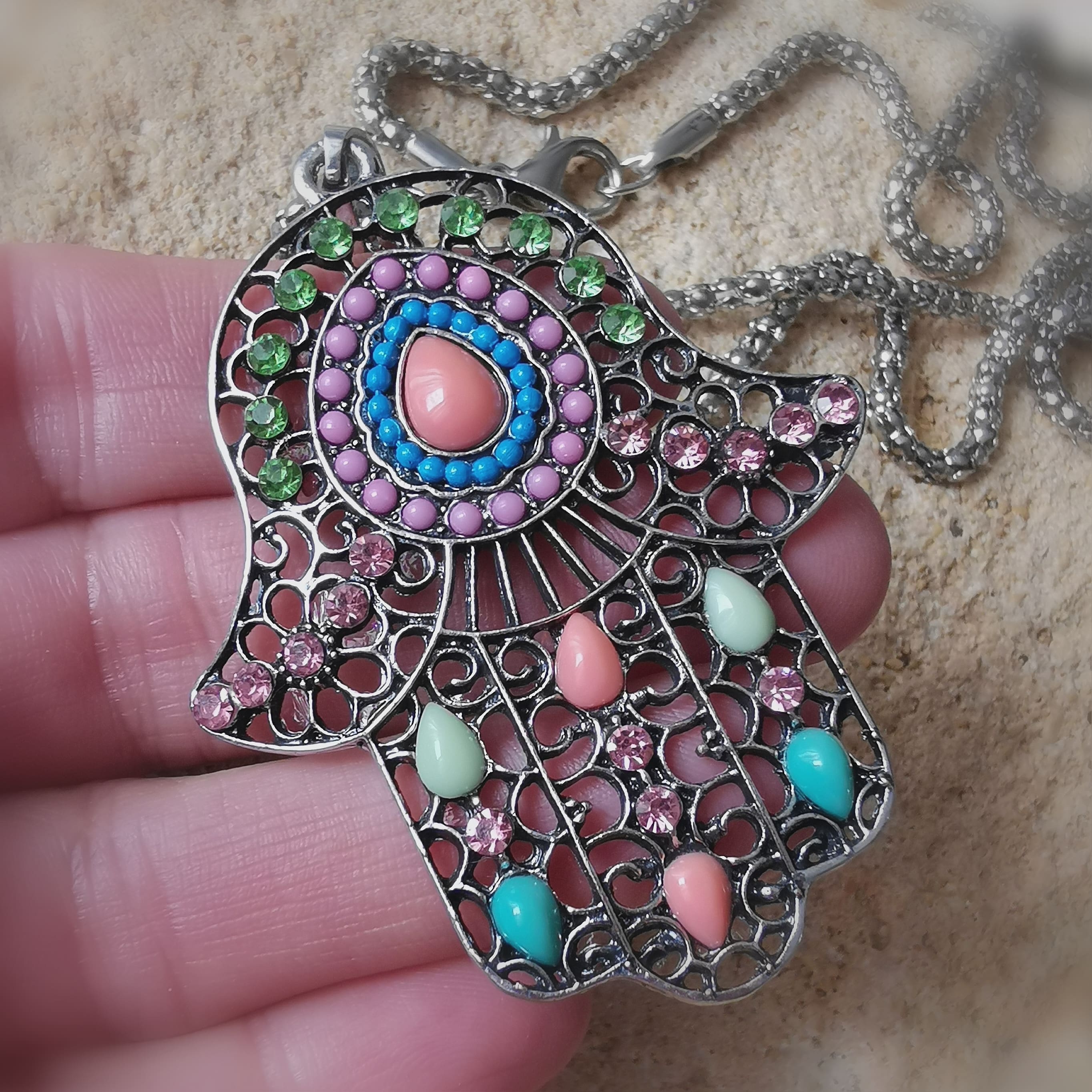 Fatimas Hand Kette, Schutzamulett, indischer Modeschmuck, Metall und Perlen