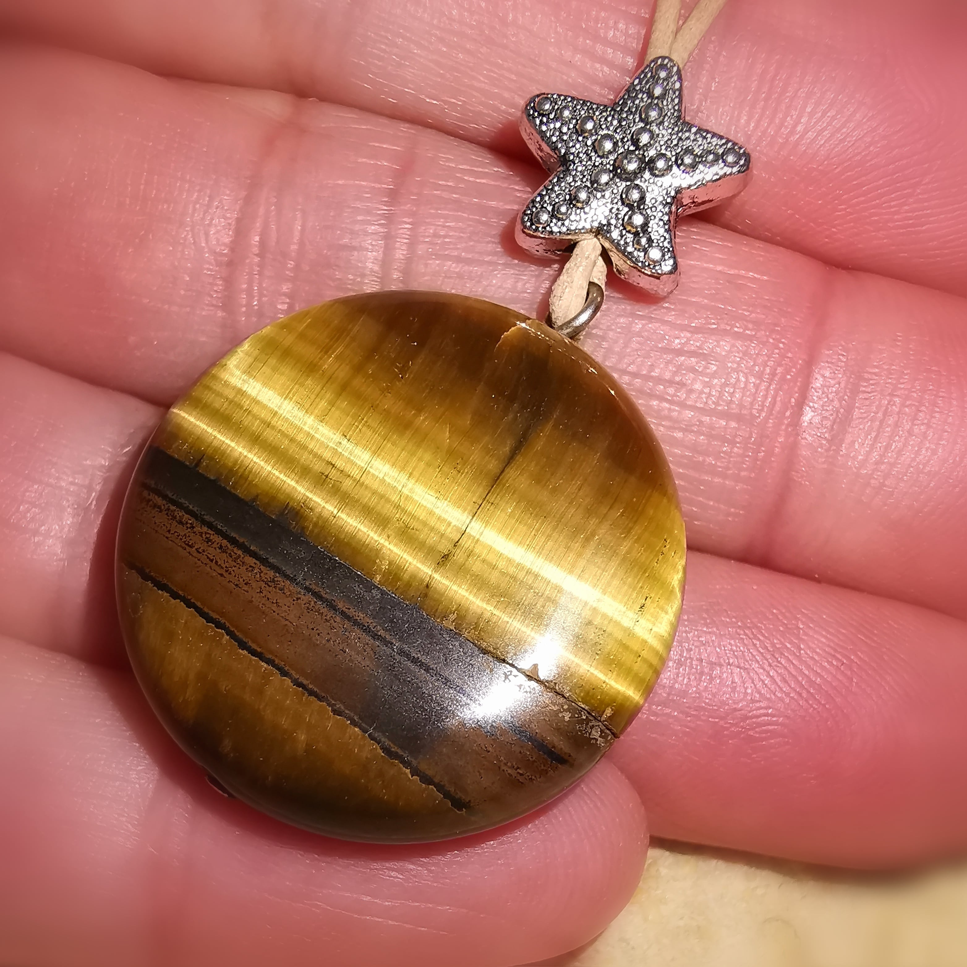 Tigerauge Seestern Karma Kette Talisman, Krafttier Chakra Edelstein an Leder - Kraft und Mut