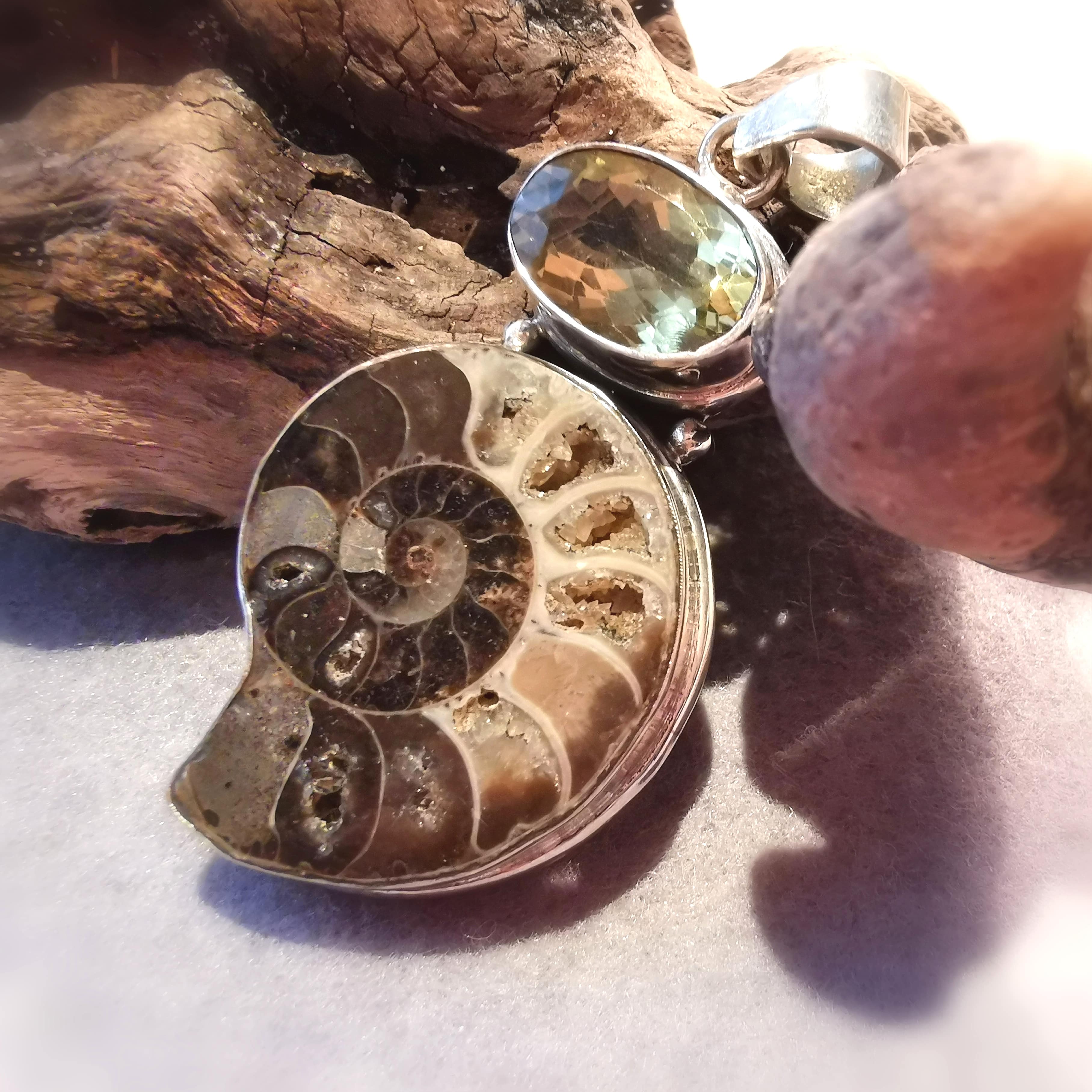 Ammonit Citrin, Fossil Edelstein Anhänger Sterlingsilber XXL für Lebensmut und Lebensfreude