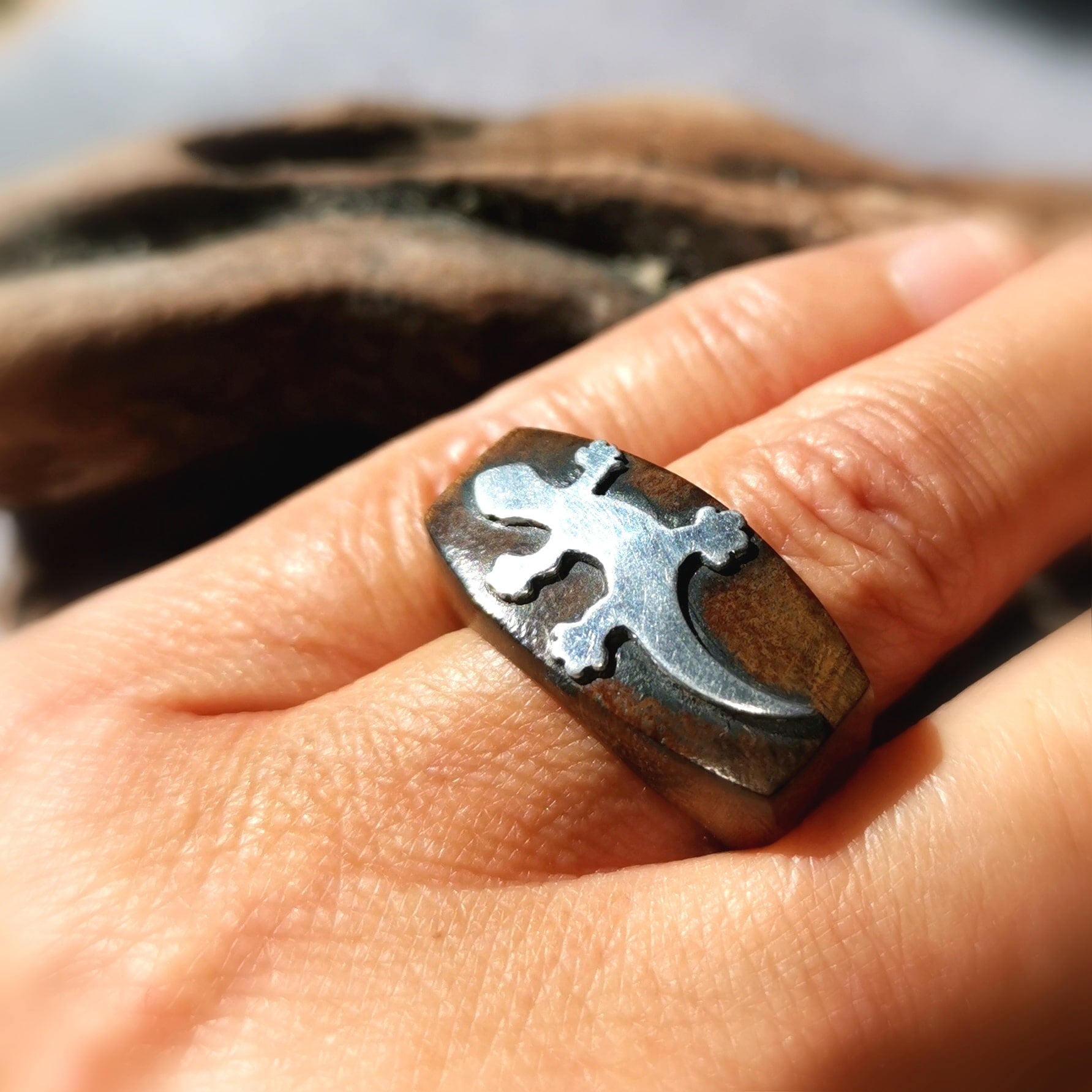 Gecko Ethno Karma Krafttier Ring, Sterlingsilber und Holz, Hippie Mode, love peace and happiness #entspannt