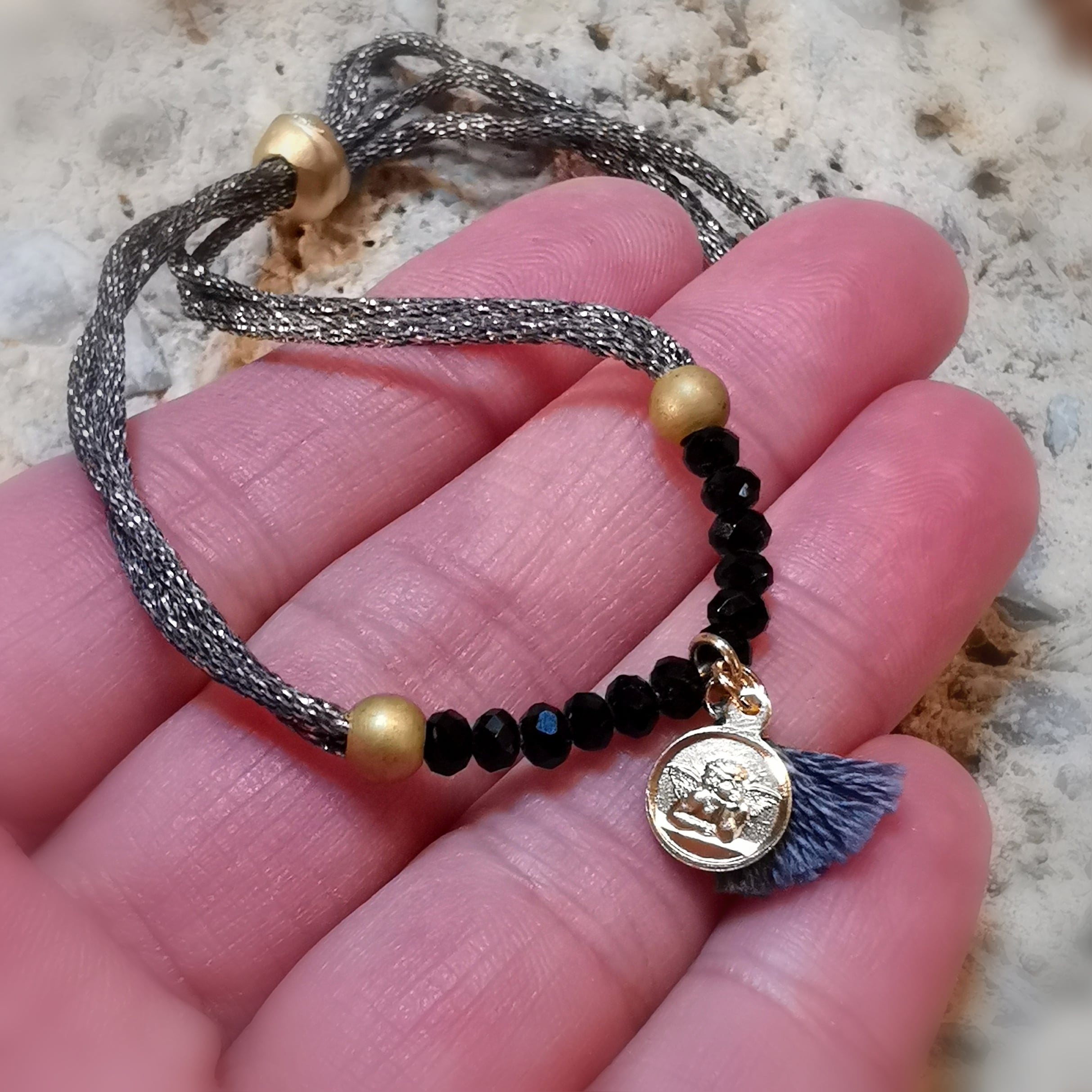 Engel Schutz Karma Armband mit Meditations Karte, Wunder, geweiht, Amulett und Quaste vergoldet, Armband alle grössen