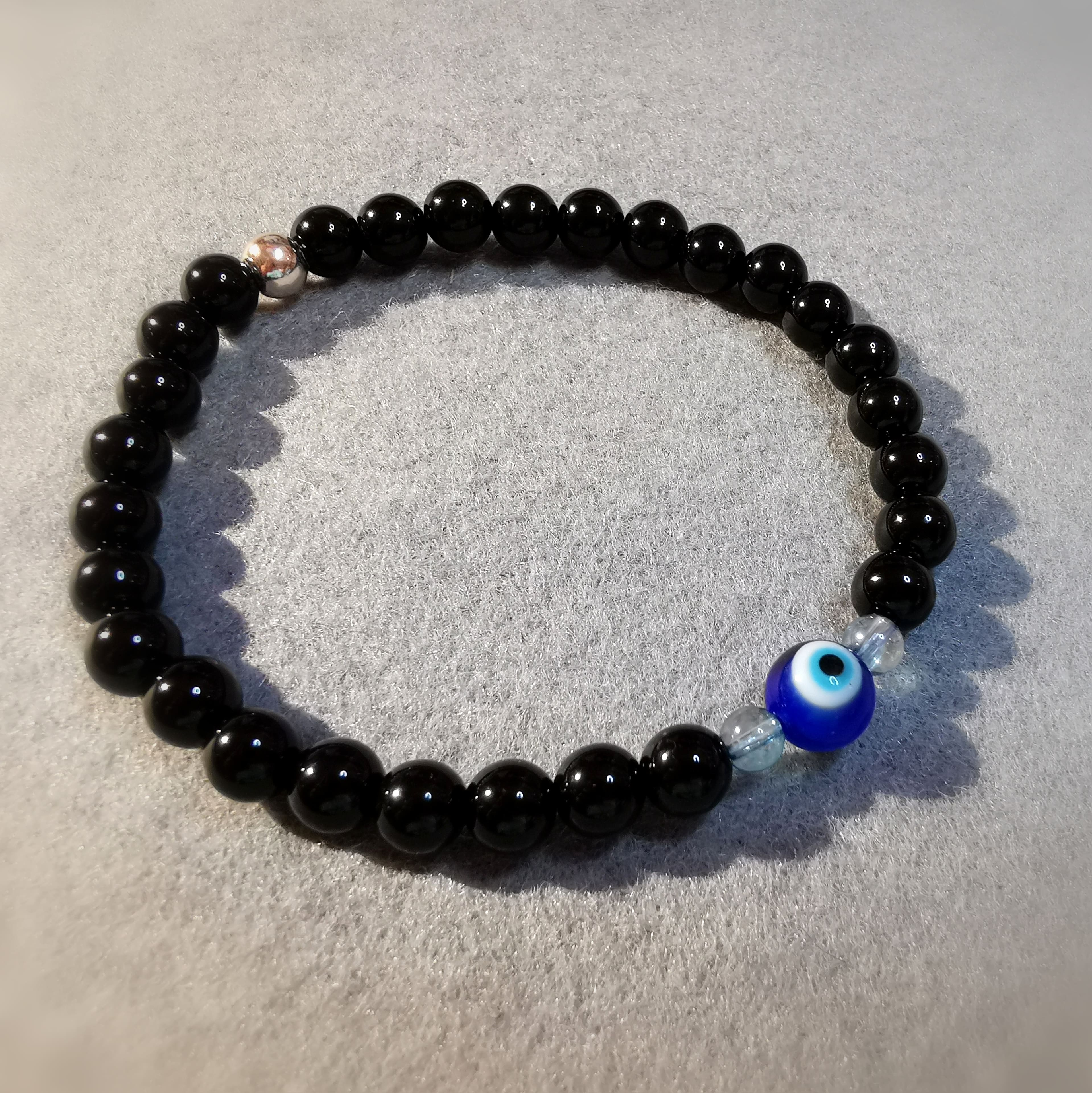 geweihtes Onyx Murano Glas Karma Armband, Türkisches Auge, Schutz und Glück, mit Aqua Aura Heilstein