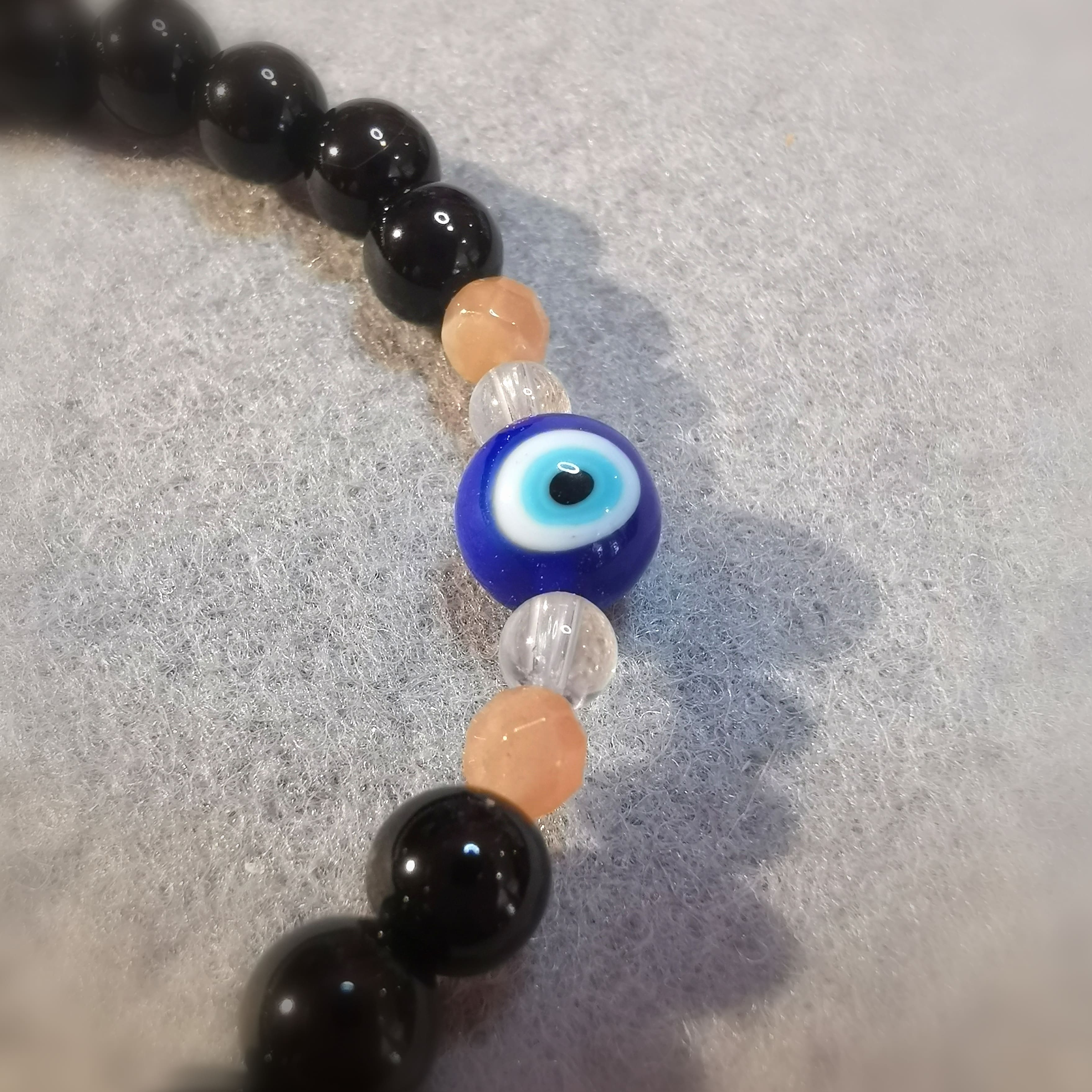 Onyx extra AA Qualität und Auge von Nazar, mit Sonnenstein, Bergkristall Murano Glas Karma Edelstein Armband, Türkisches Auge, Schutz und Glück