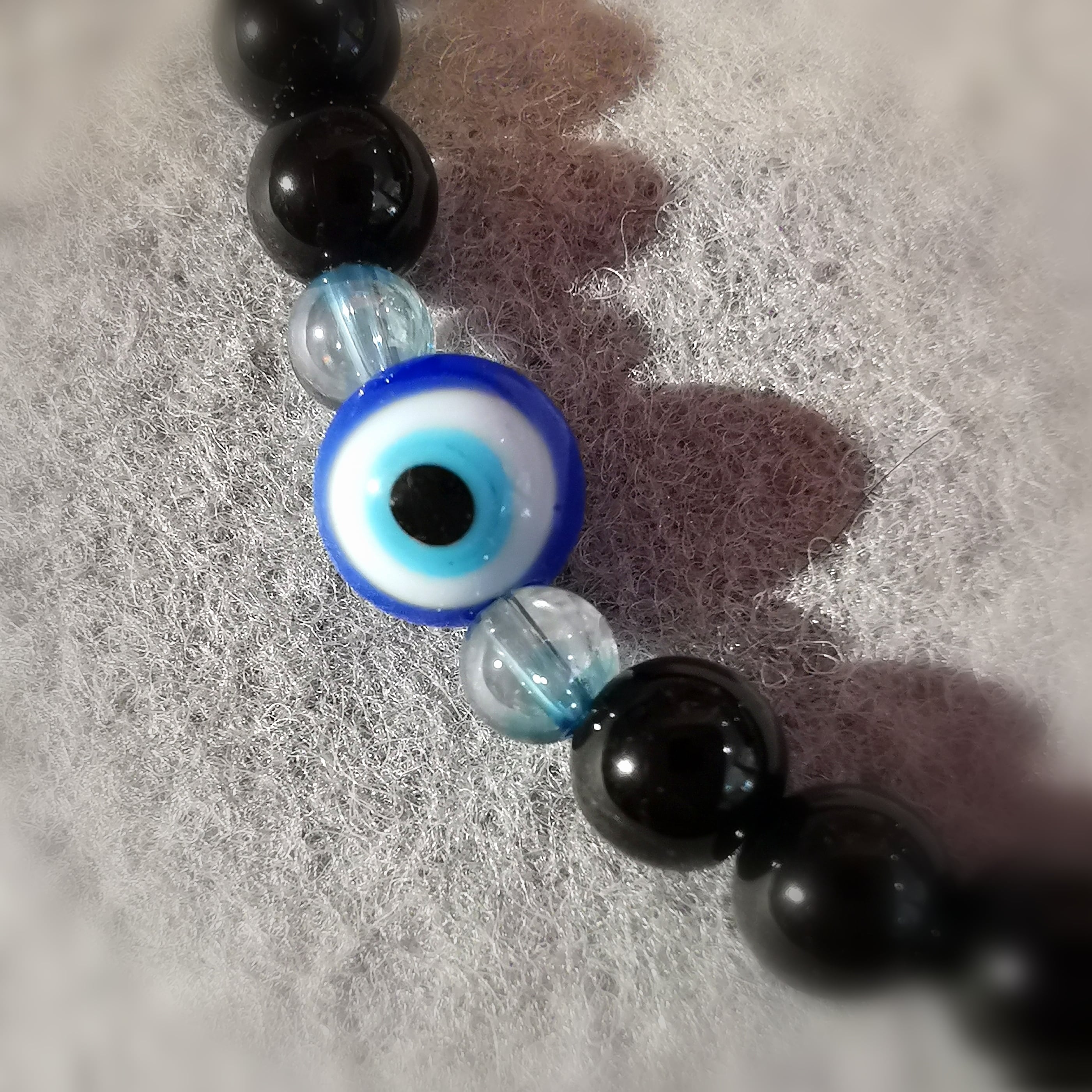 geweihtes Onyx Murano Glas Karma Edelstein Armband, Türkisches Auge, Schutz und Glück, mit Aqua Aura Heilstein