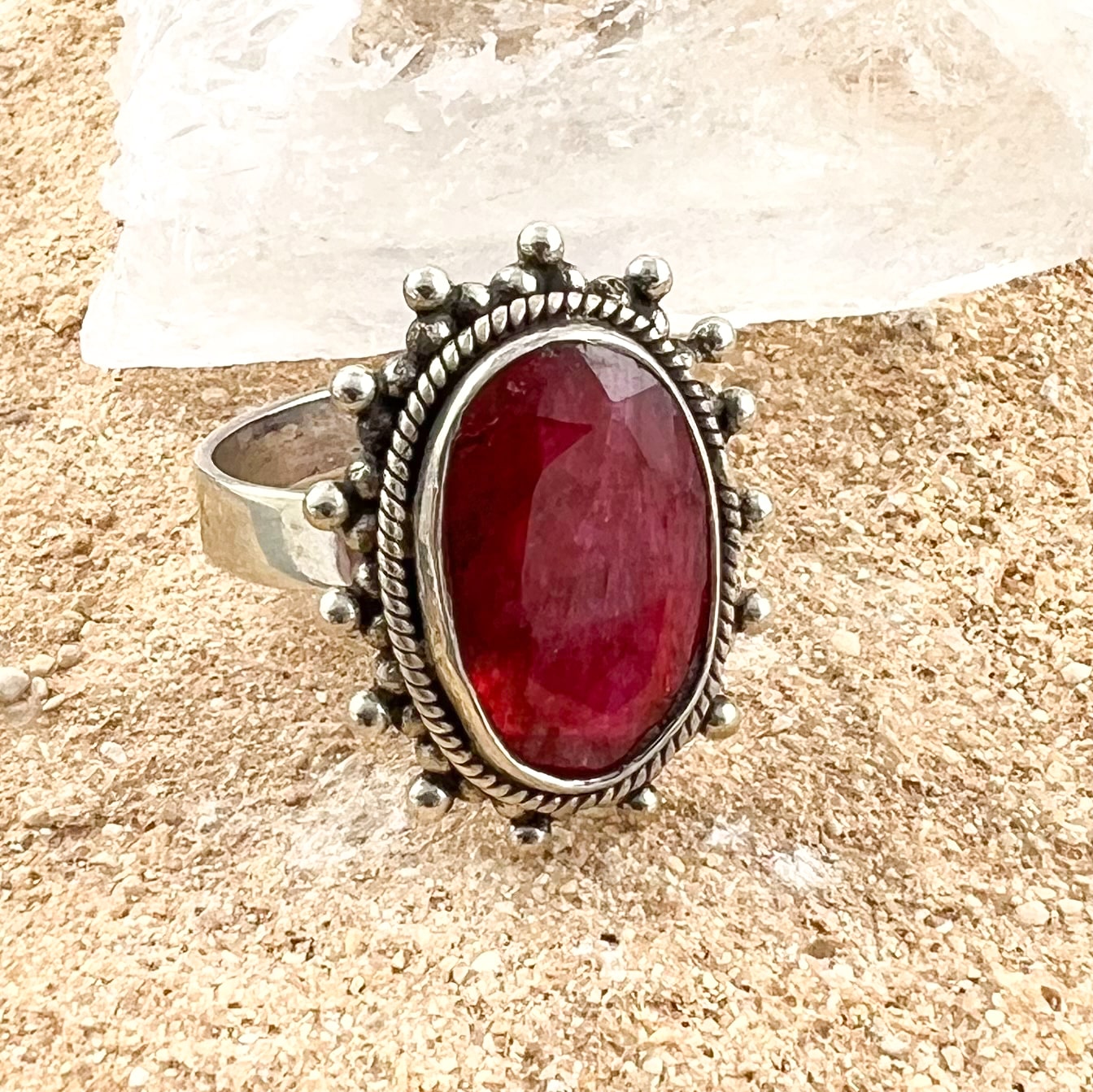 Ruby Gemstone Healing Stone Sterling Silver Karma Ring Red, Size Adjustable - Lucky Stone of Love