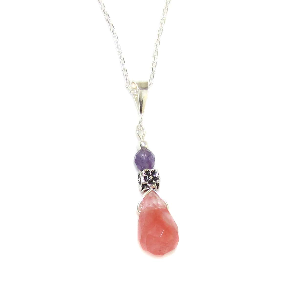 filigree strawberry quartz amethyst gemstone healing stone karma necklace sterling silver 45 cm, consecrated - Lust for life