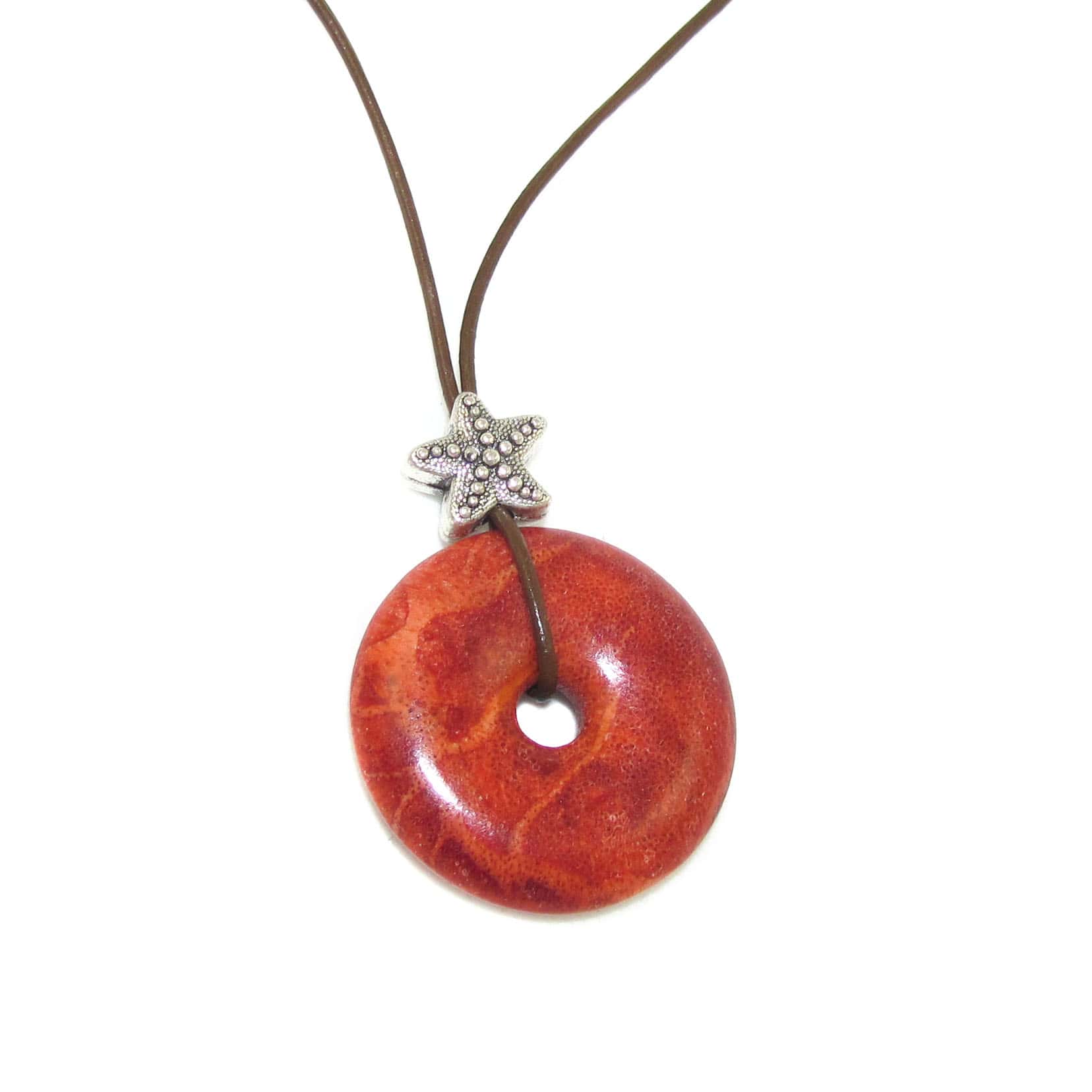 collar de karma de estrella de mar de piedra curativa de piedra preciosa de donut de coral rojo, consagrado - amor a la vida, tiempo de milagros