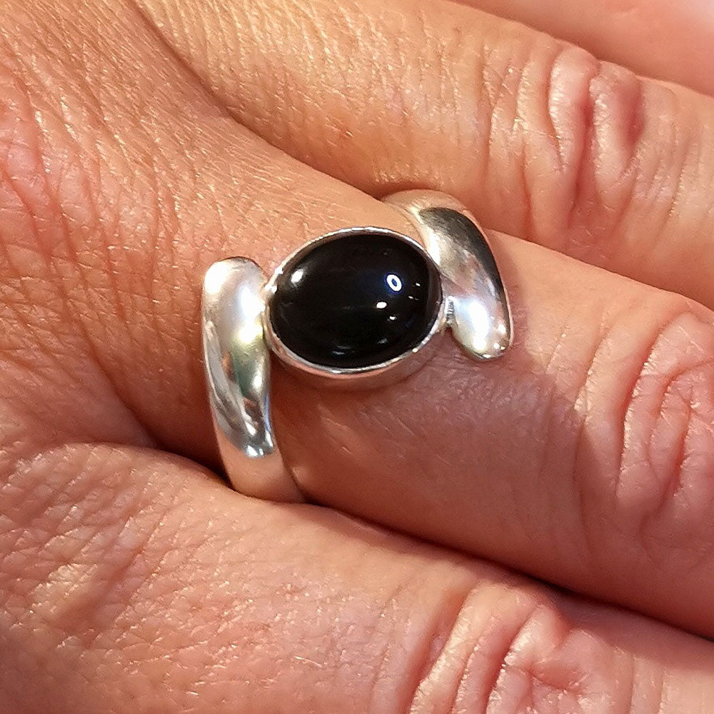 Onyx Edelstein Heilstein Design Ring Schwarz, oval, Größe 58 - Widerstandkraft, Stabilität