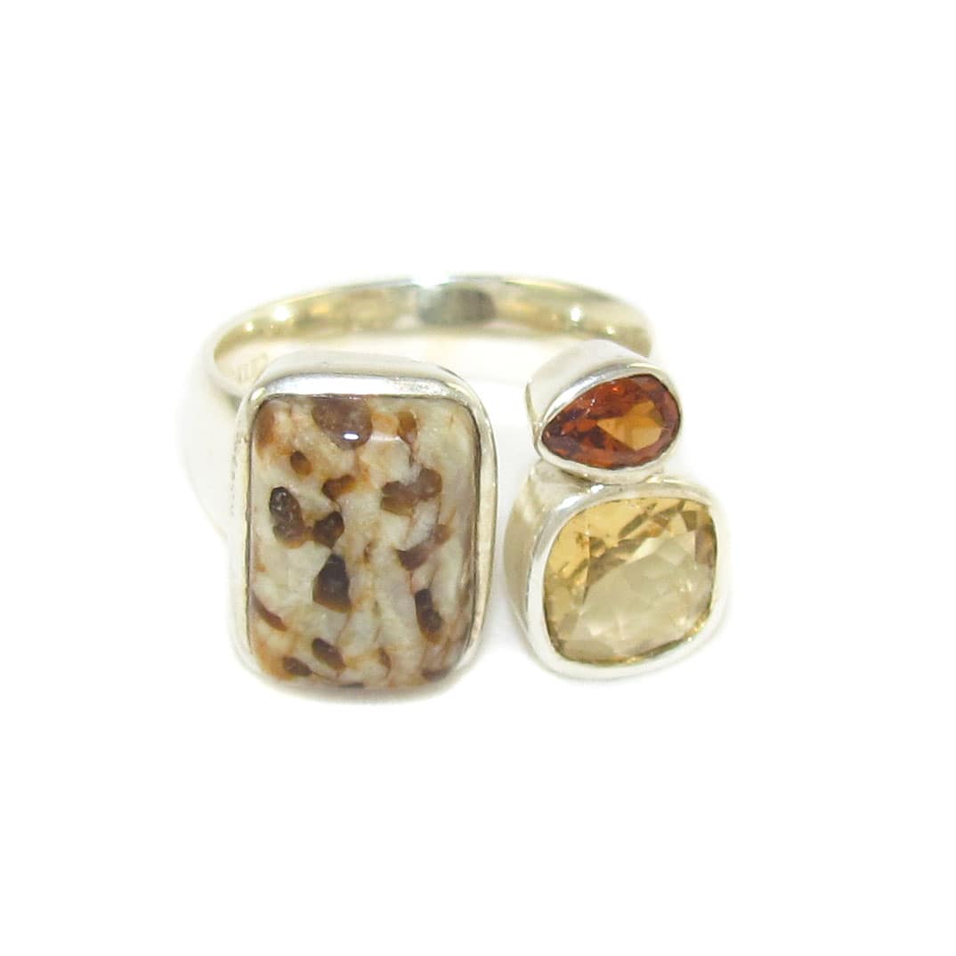 Gold Topaz Garnet Leopard Jasper Gemstone Design Ring Sterling Silver, Size 57 - Courage and Strength